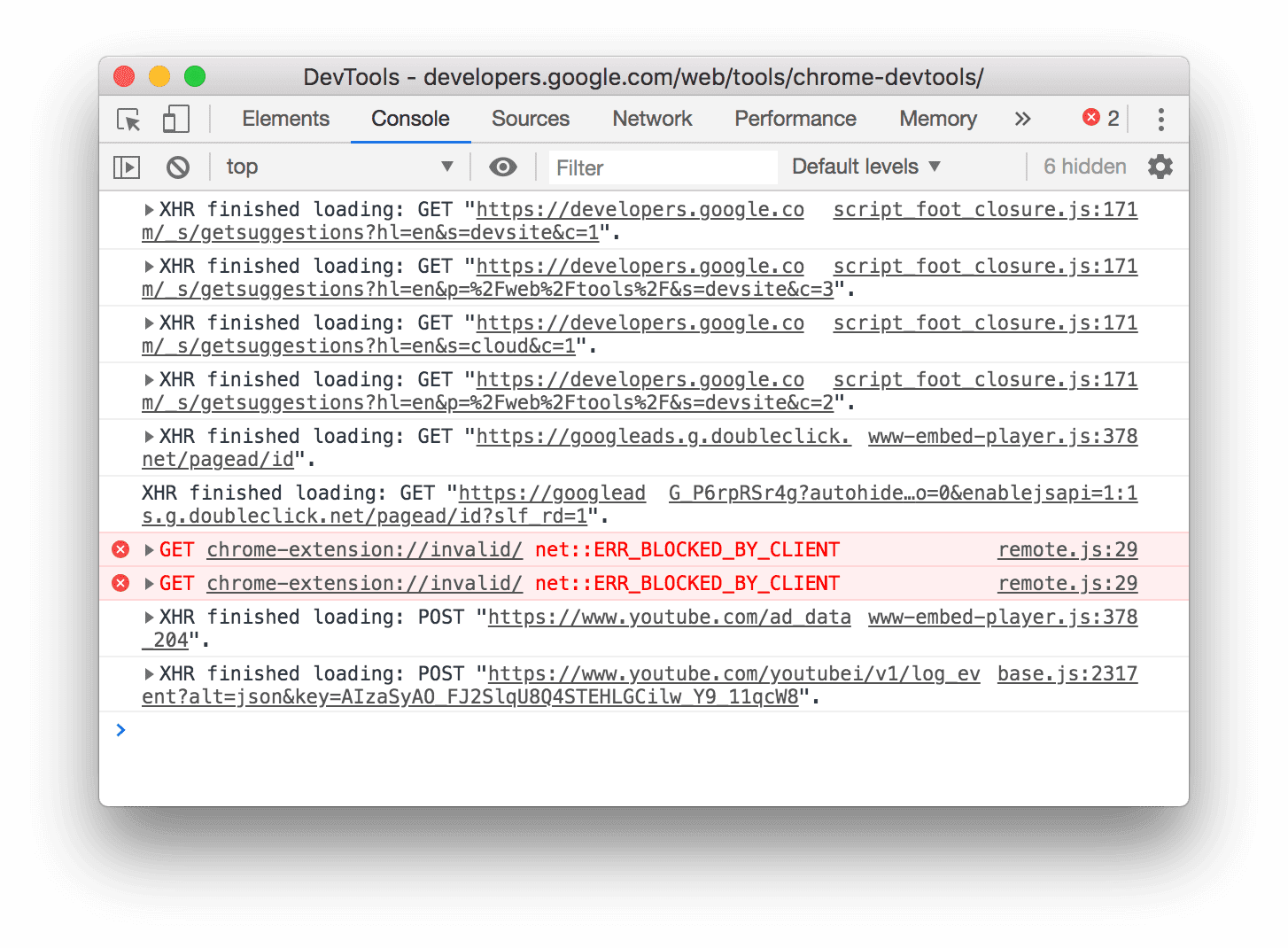 So sehen die protokollierten XMLHttpRequest- und Fetch-Anfragen nach dem Aufheben der Gruppierung aus.