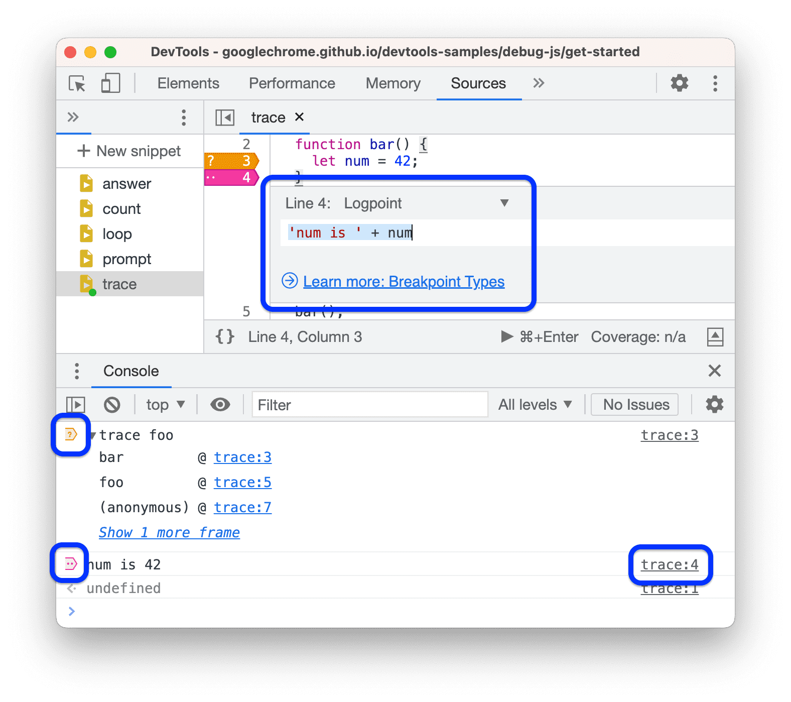 The Console marks messages created by conditional breakpoints and logpoints.