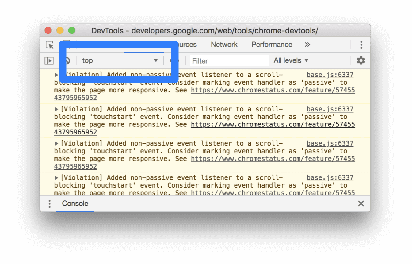 القائمة المنسدلة "سياق JavaScript"