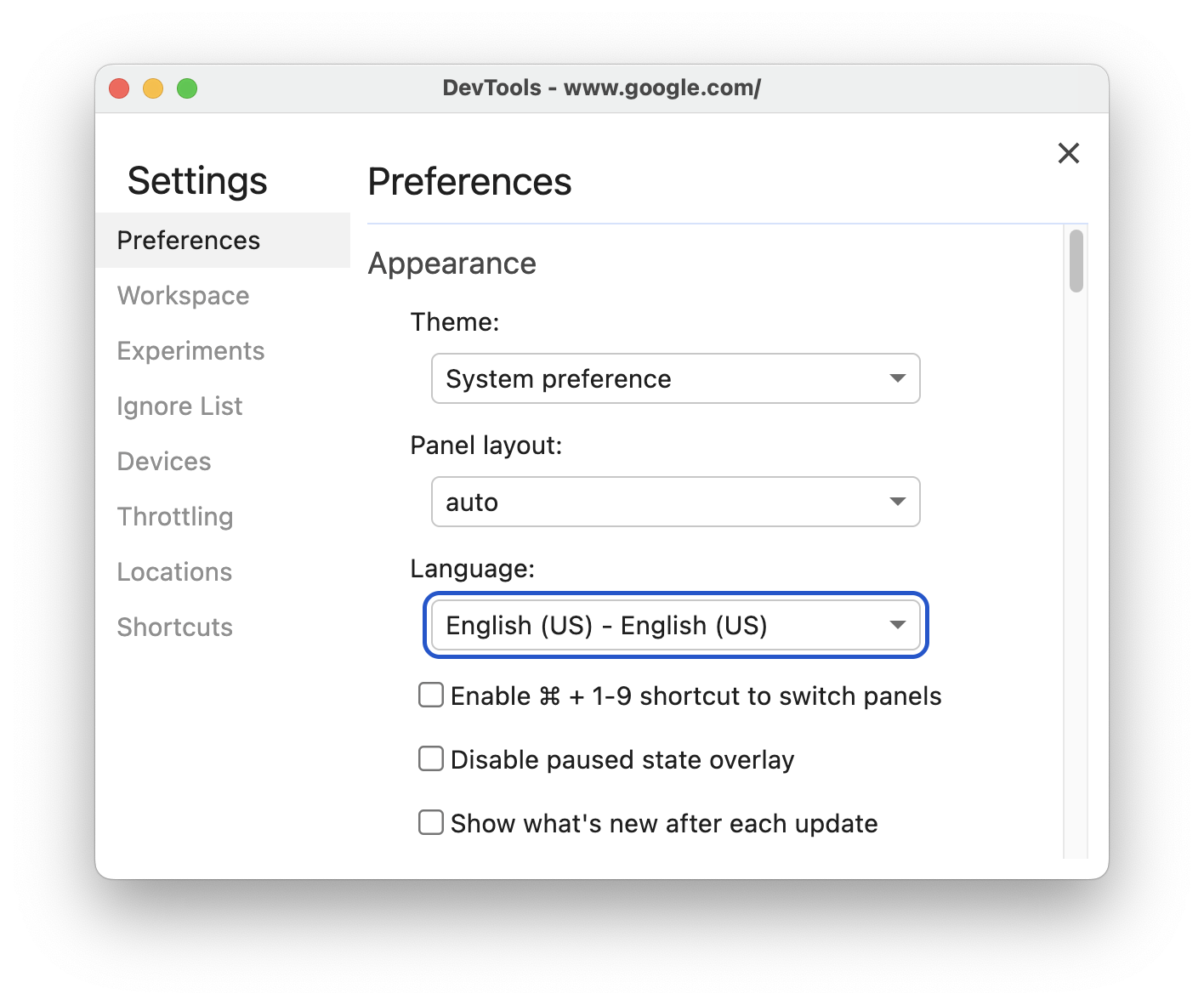 Configuración de idioma en DevTools