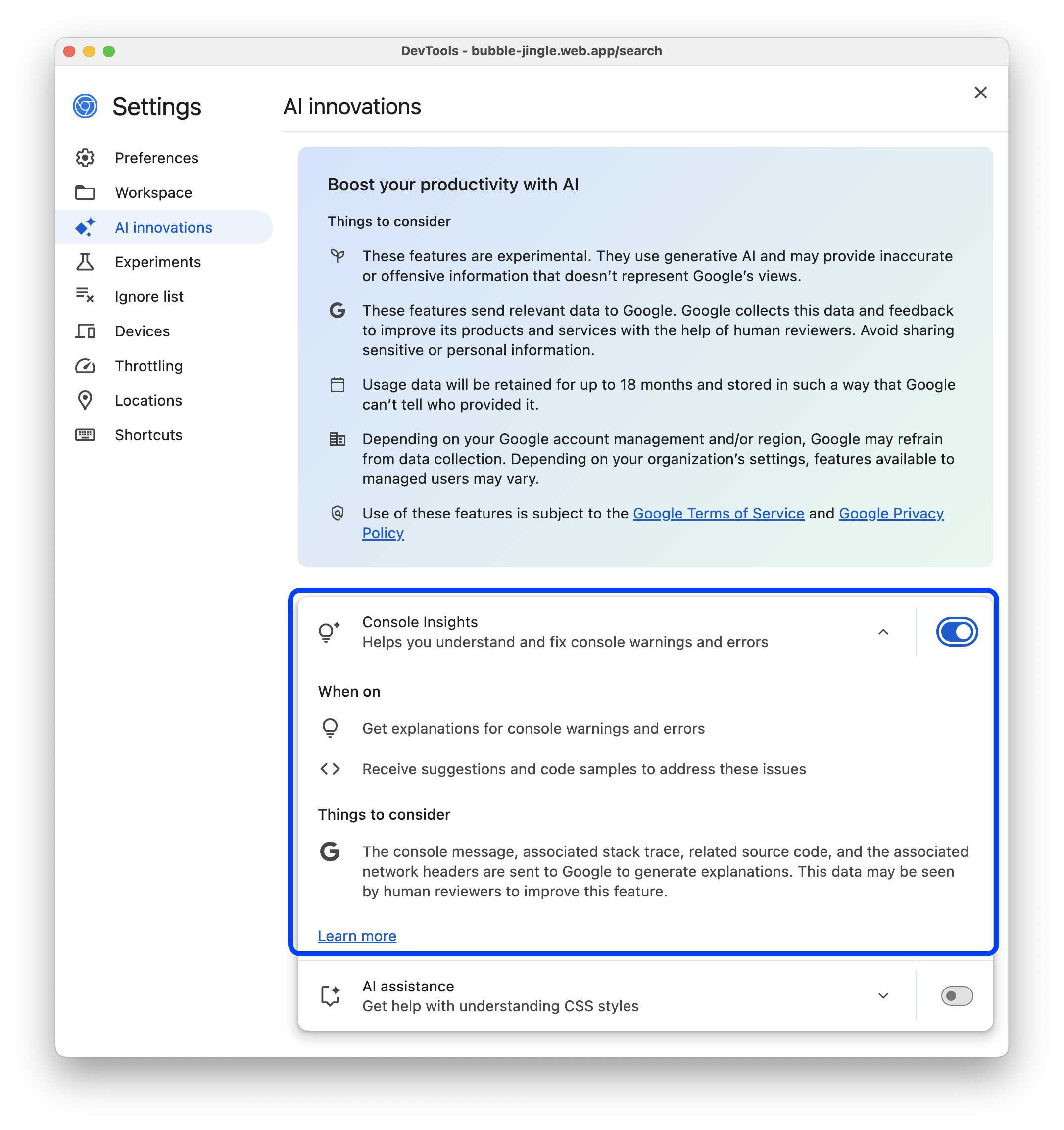 Bouton d&#39;activation/de désactivation des insights de la console dans les paramètres.