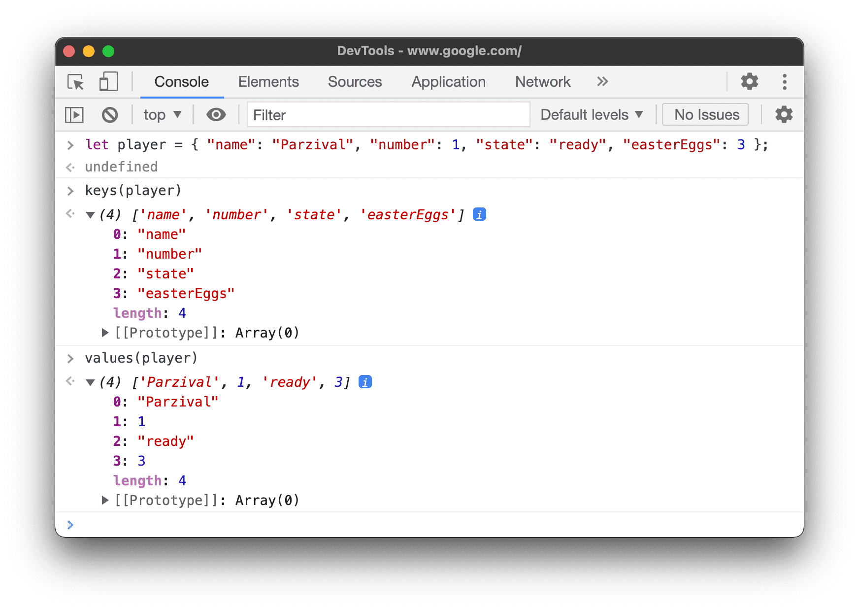 ตัวอย่างเมธอด keys() และ values()