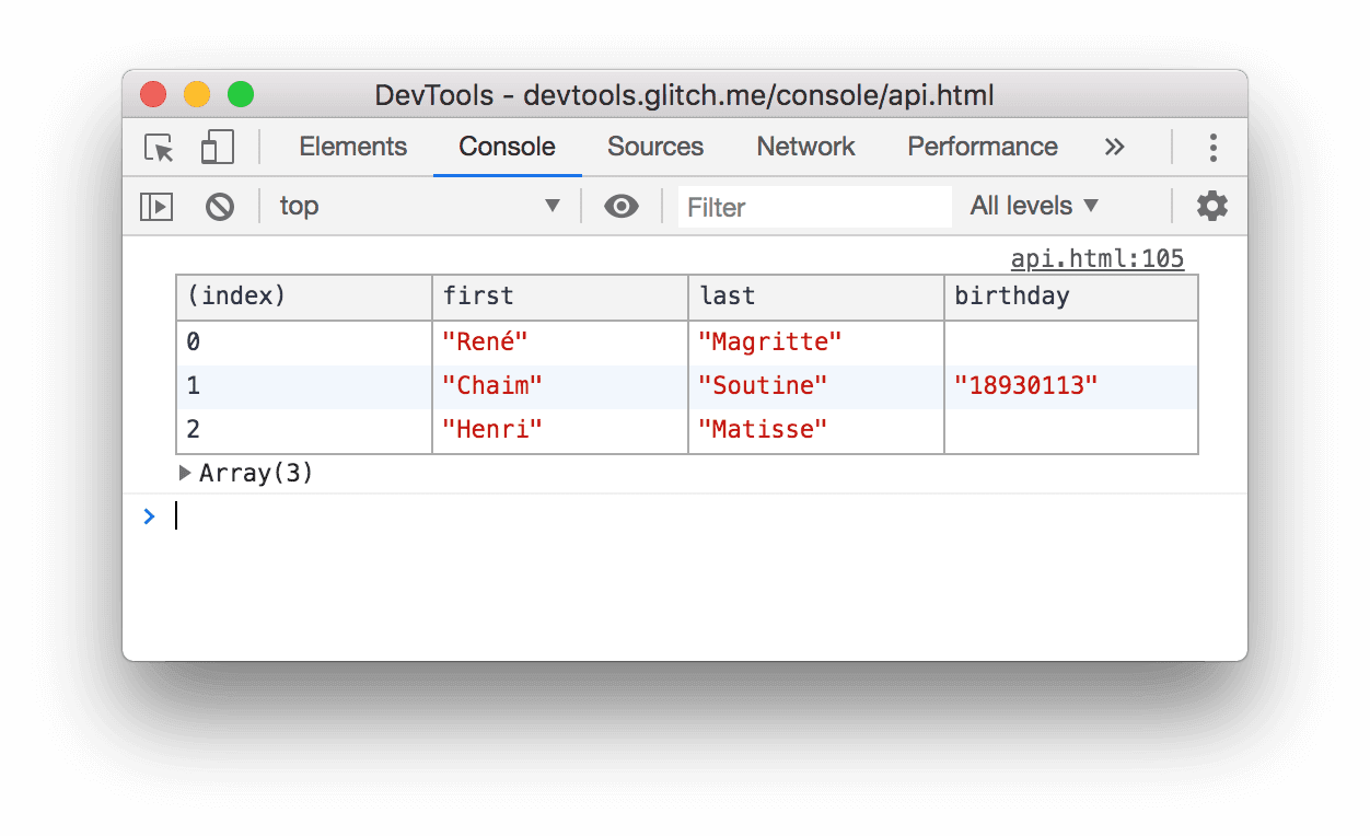 דוגמה ל-method table() .