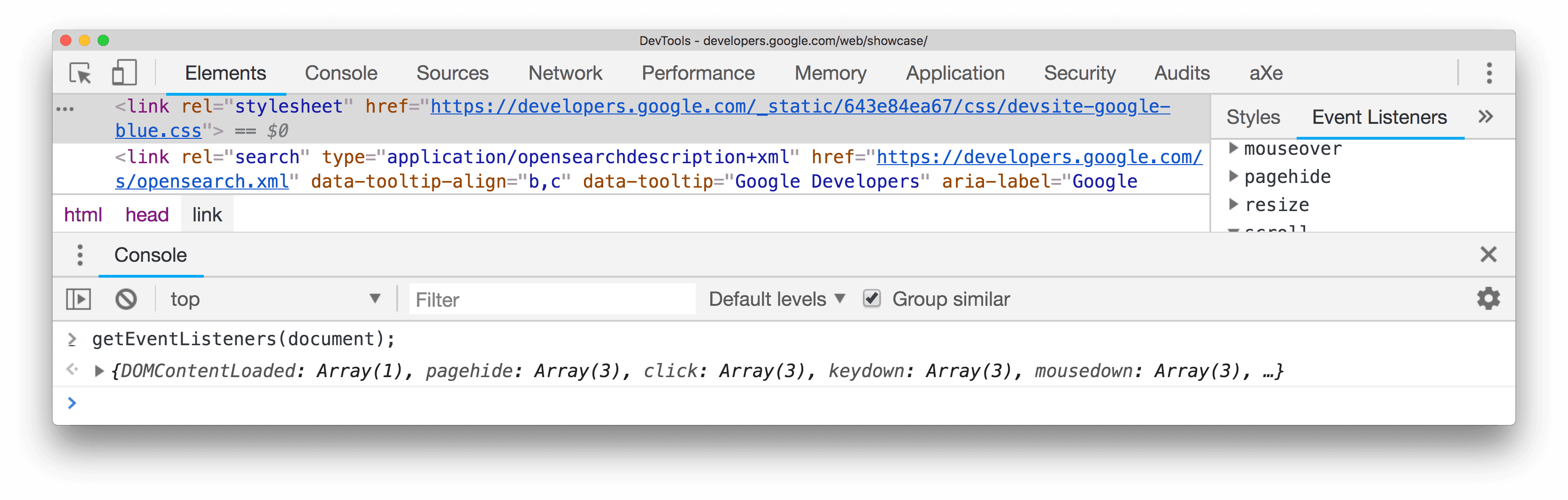 Es el resultado de usar getEventListeners().