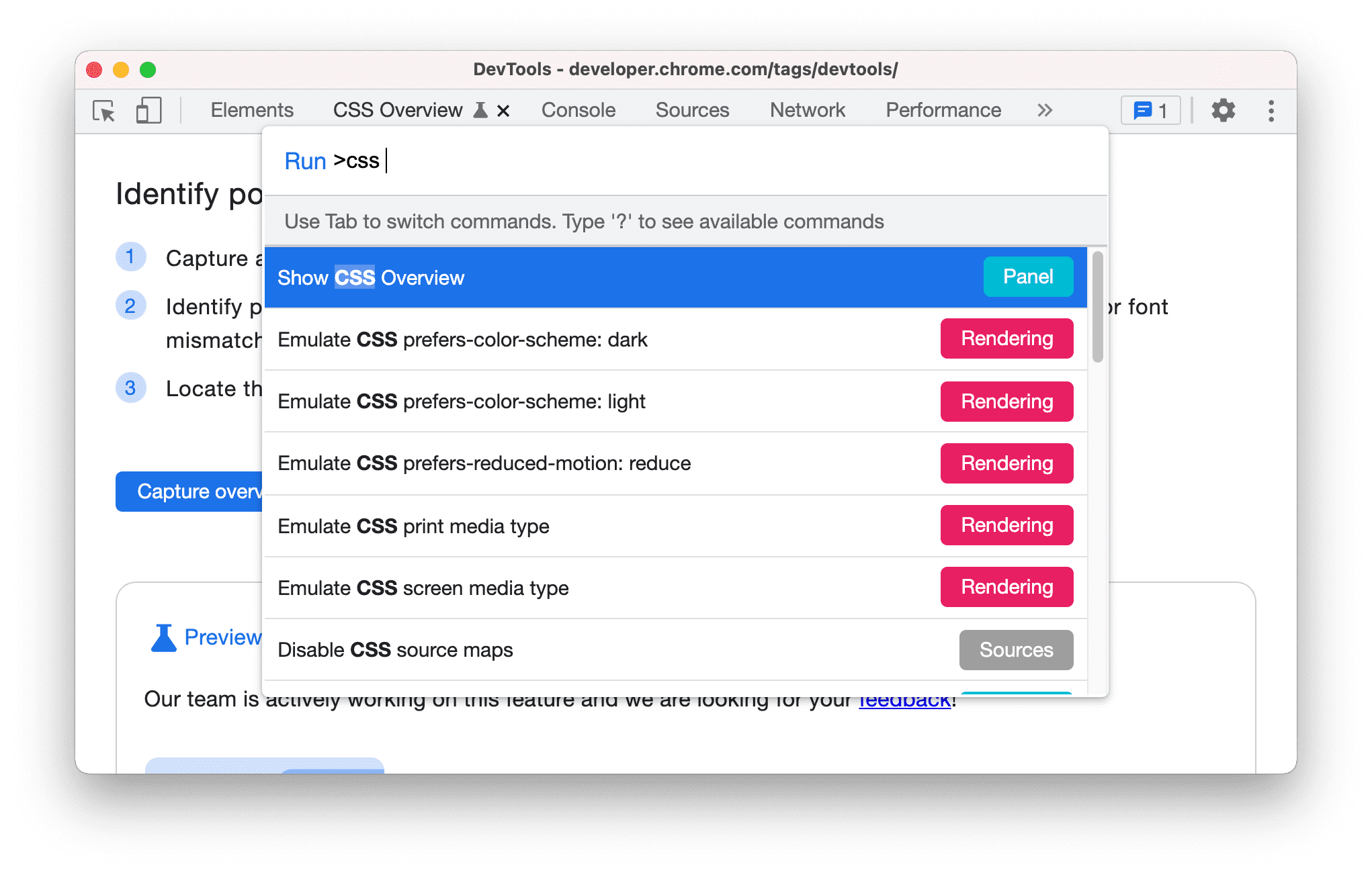 在「Command」選單中顯示 CSS 總覽指令。