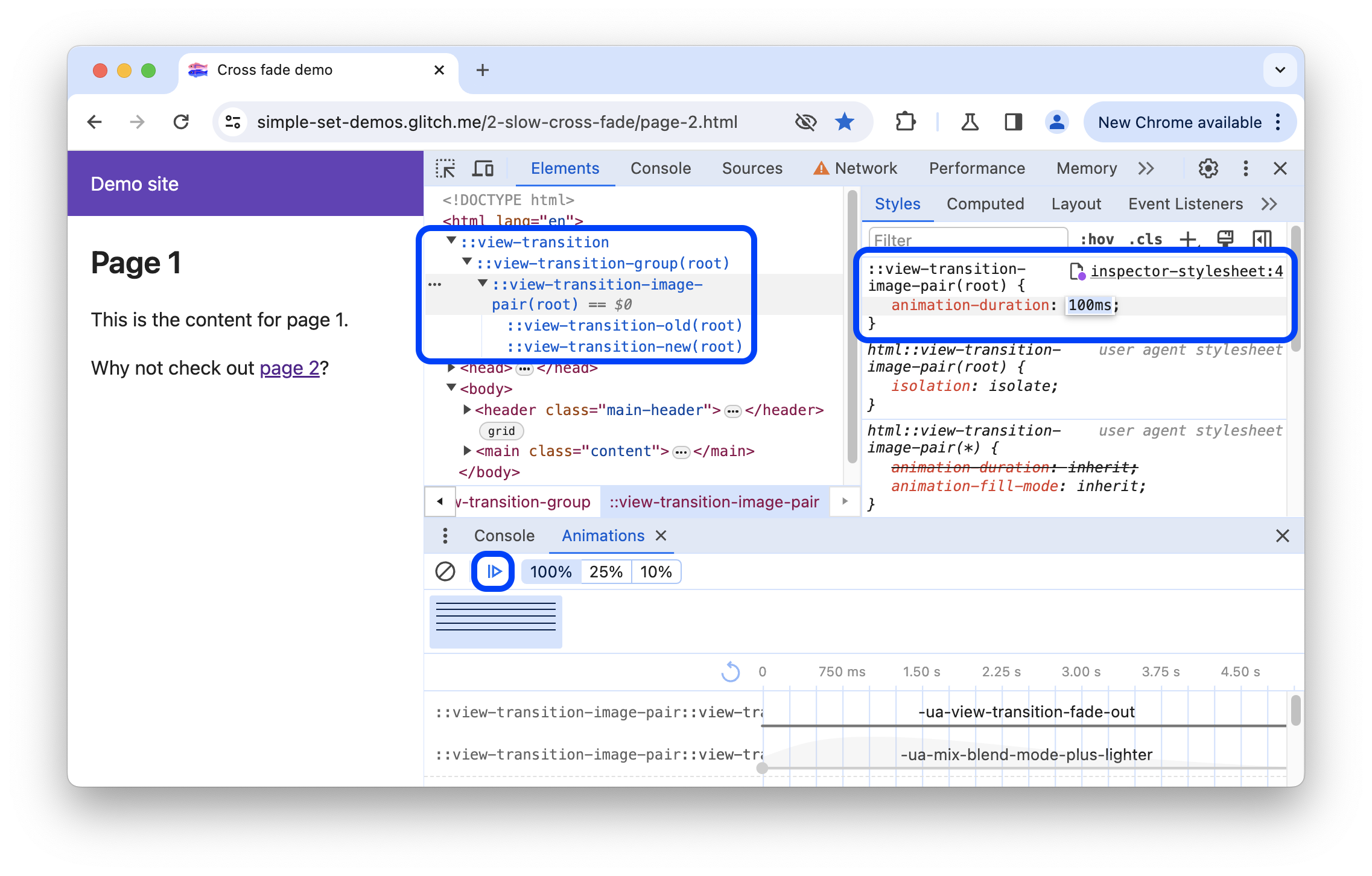 Modifica del CSS dell'elemento pseudo ::view-transition.