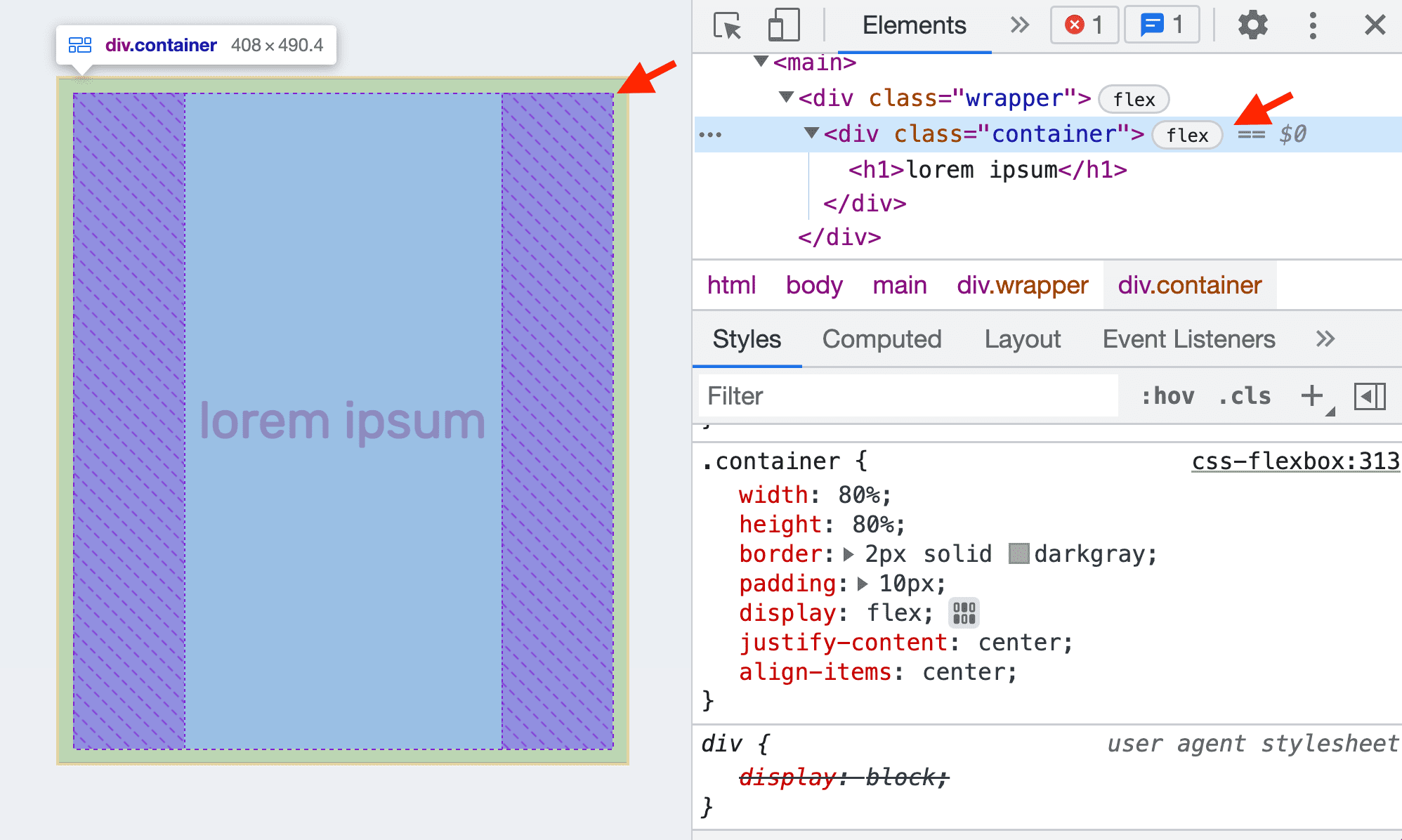 di chuột qua một phần tử flexbox