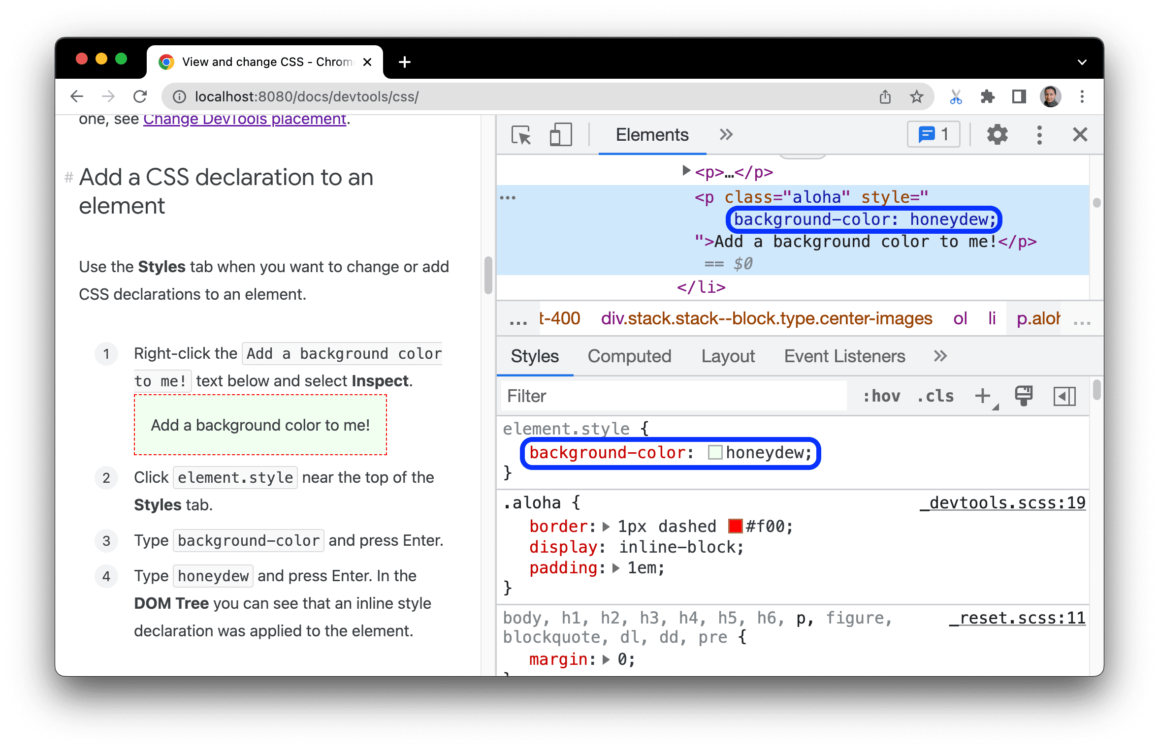 Menambahkan deklarasi CSS ke elemen melalui panel Styles.