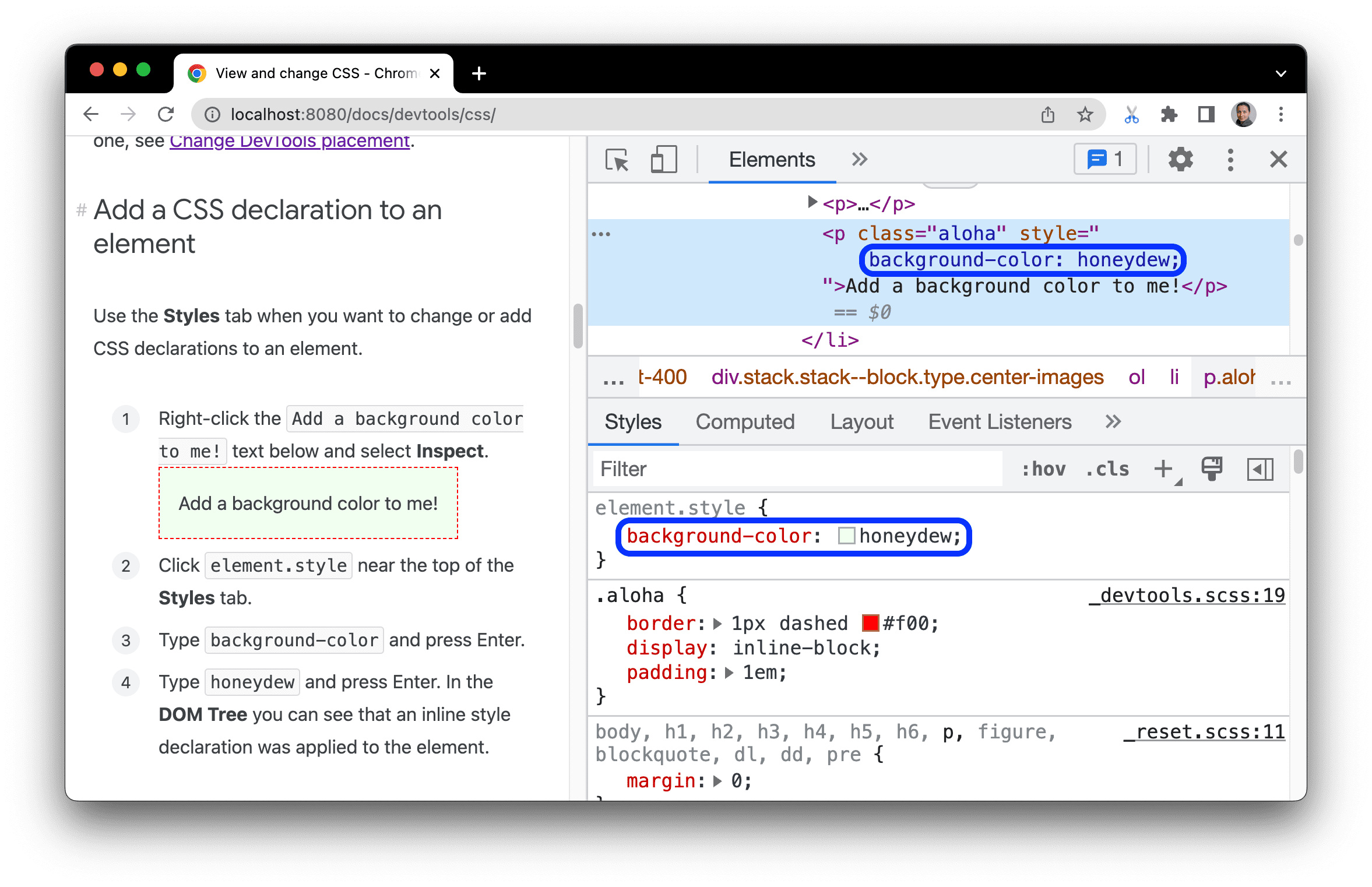 Ajout d'une déclaration CSS à l'élément via l'onglet "Styles".