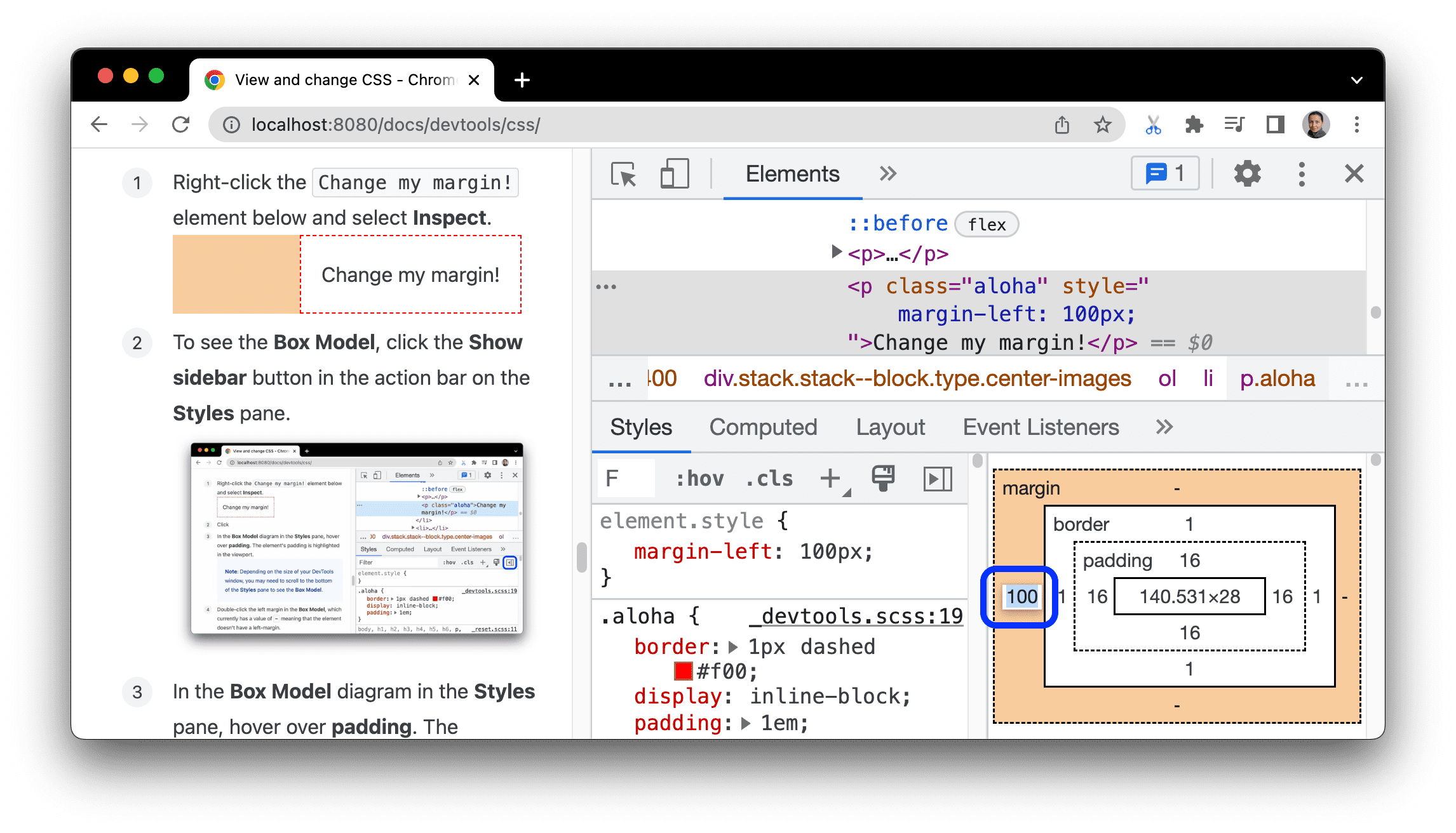 Ändern Sie den Wert für „margin-left“ des Elements.