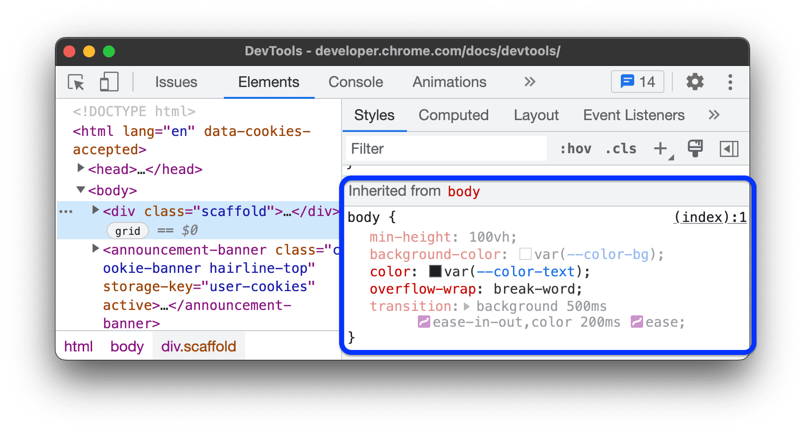 “Inherited from body”部分列出了继承的和未继承的 CSS。