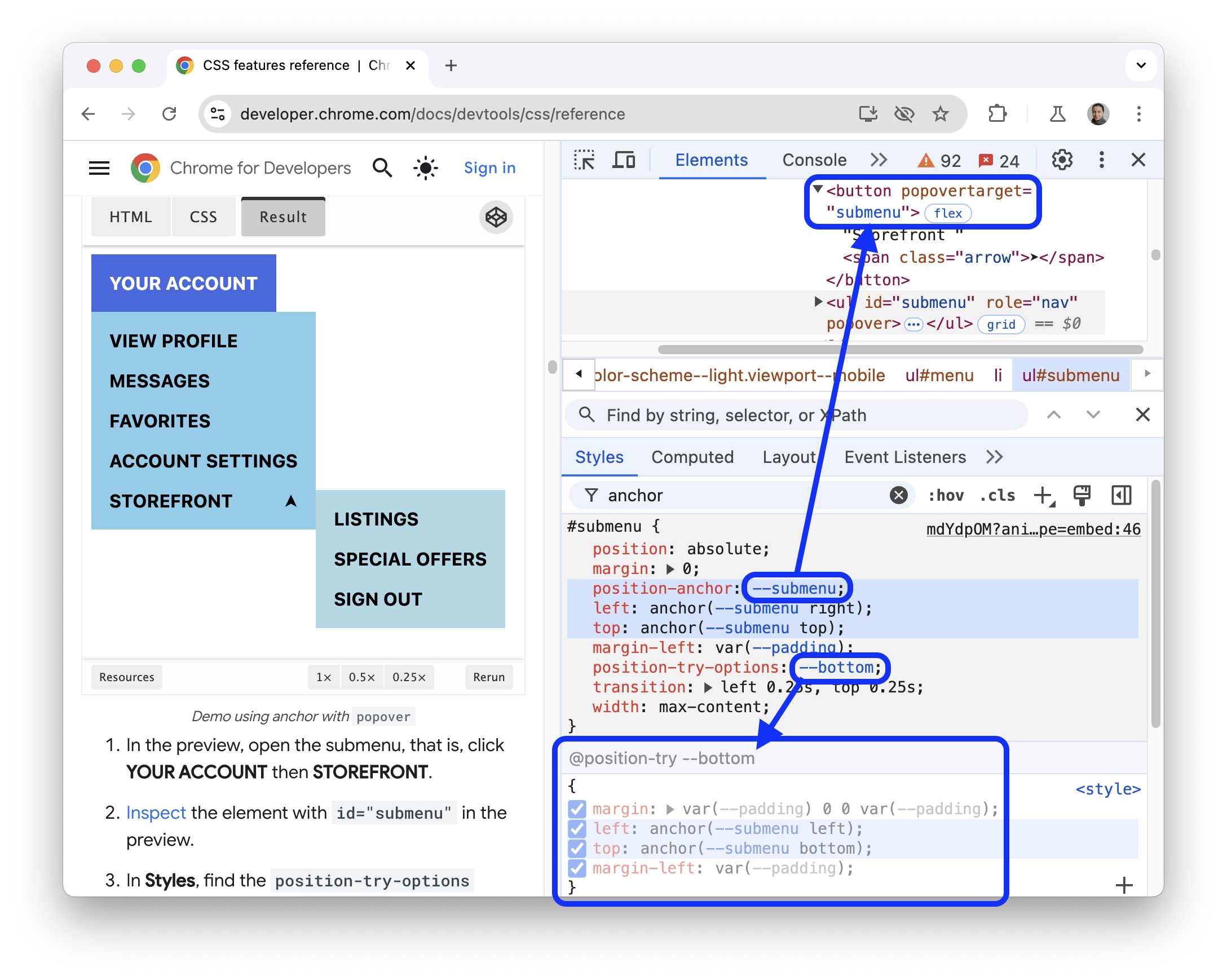 La proprietà position-try-options, la sezione @position-try e l'elemento con l'attributo target del popup.