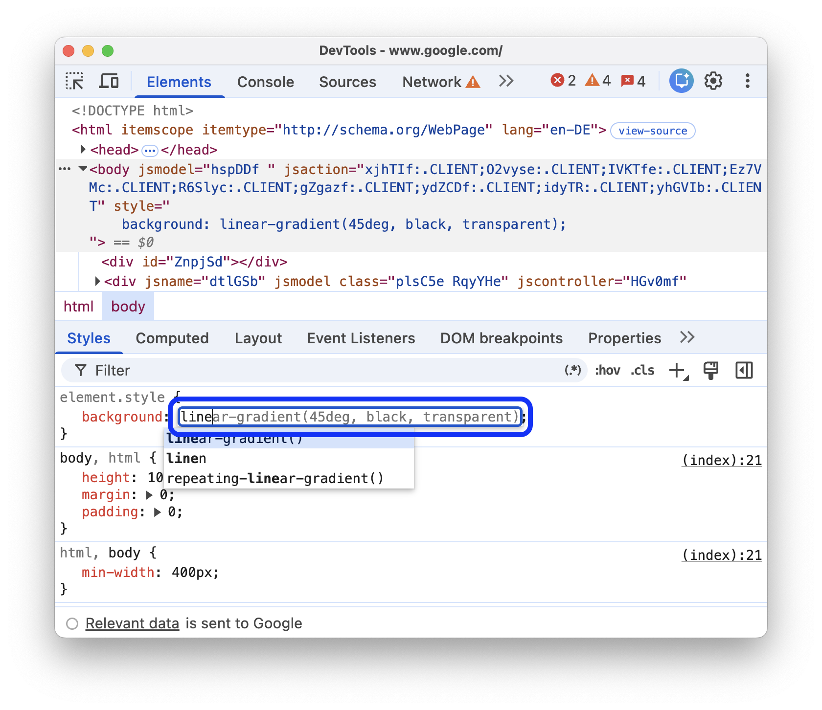 使用代码补全功能添加 CSS 属性。