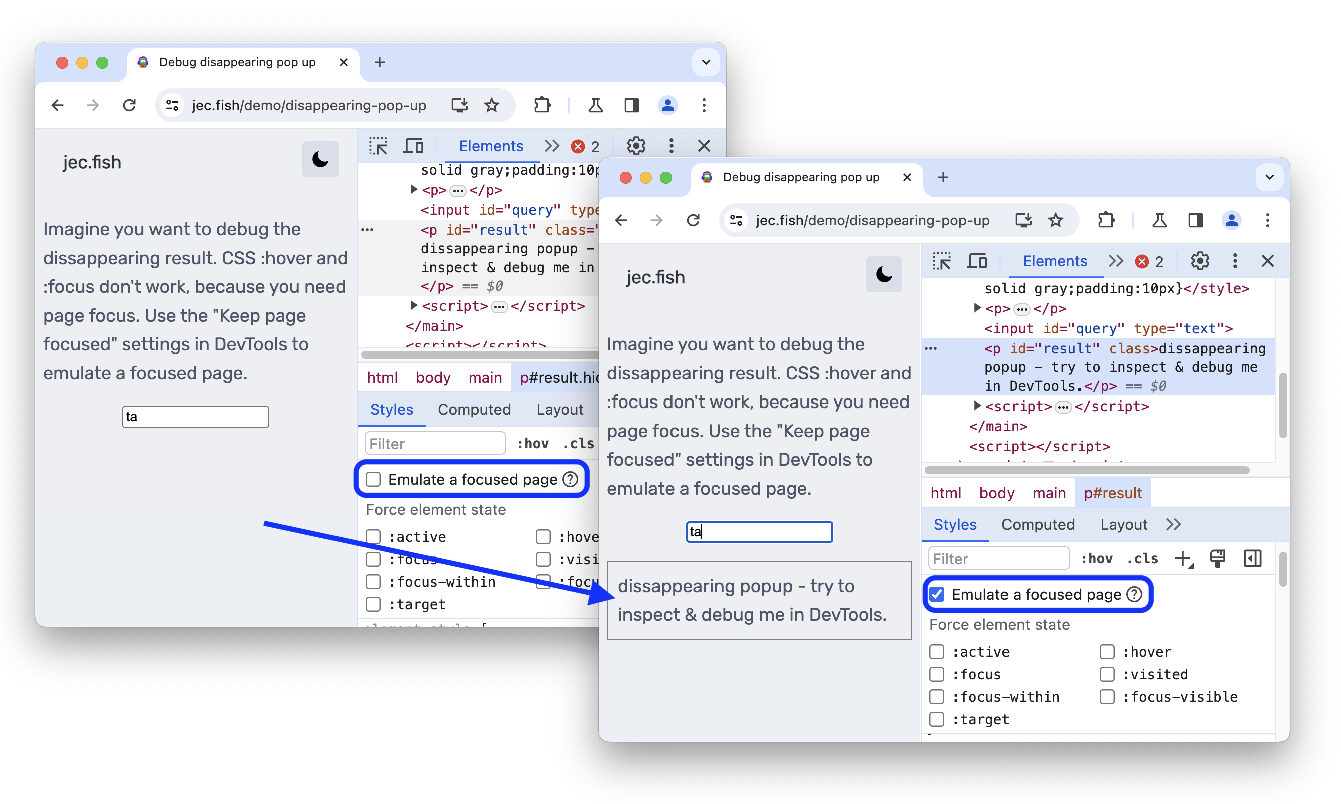 Avant et après l&#39;activation de l&#39;option &quot;Émuler une page sélectionnée&quot; .