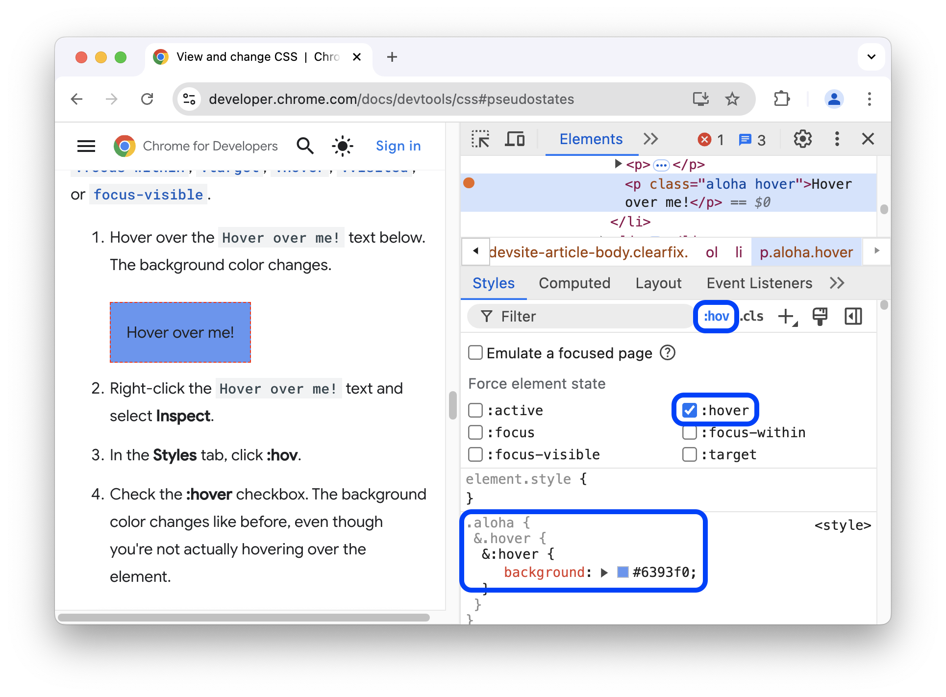 Alternar o pseudoestado de passar o cursor em um elemento.