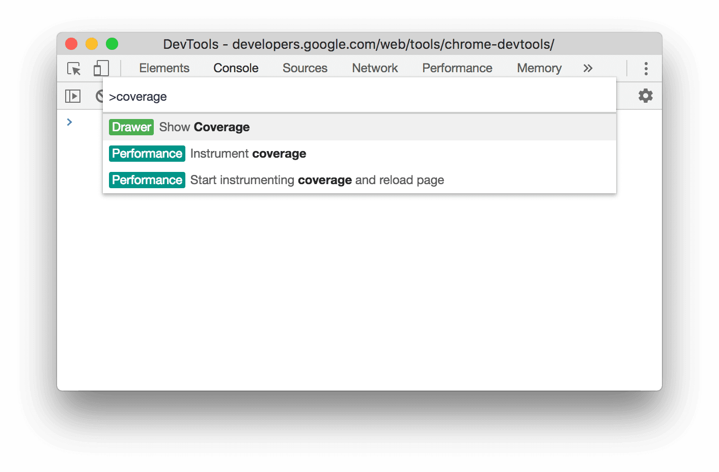 Abertura da guia "Coverage" no Command Menu.