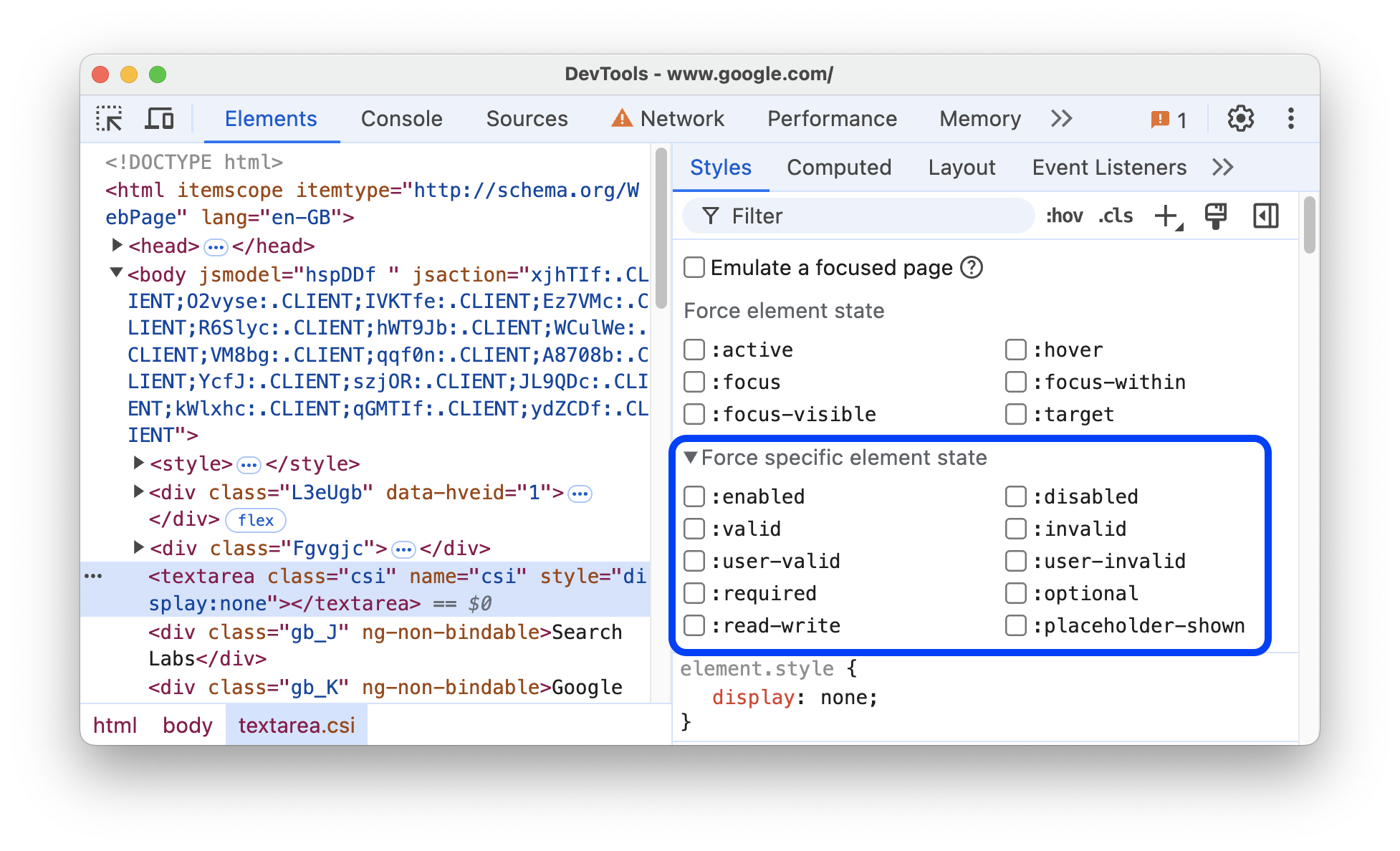 ส่วน `Force specific element state` ขององค์ประกอบ "textarea"