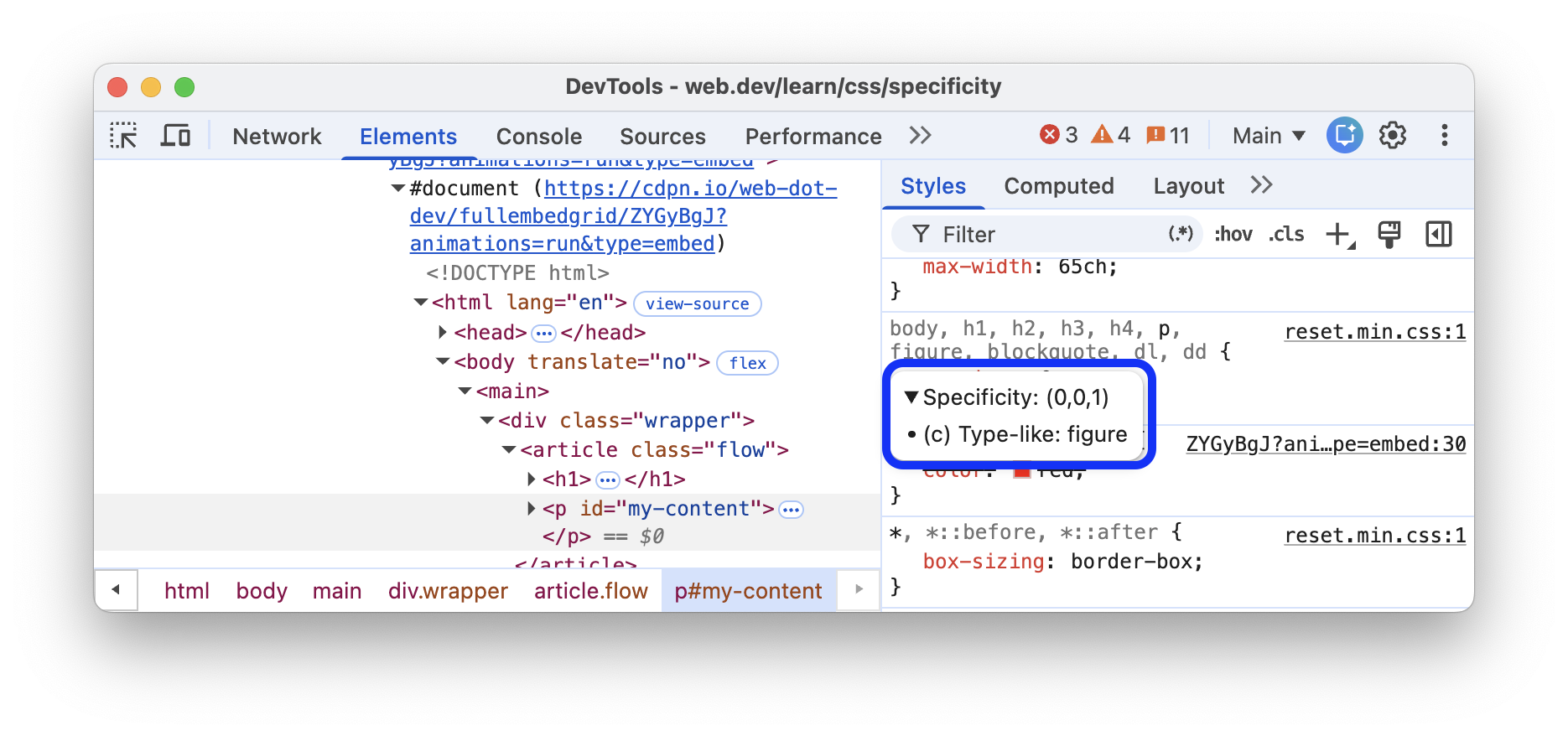 The tooltip with specificity weight of a matched selector.