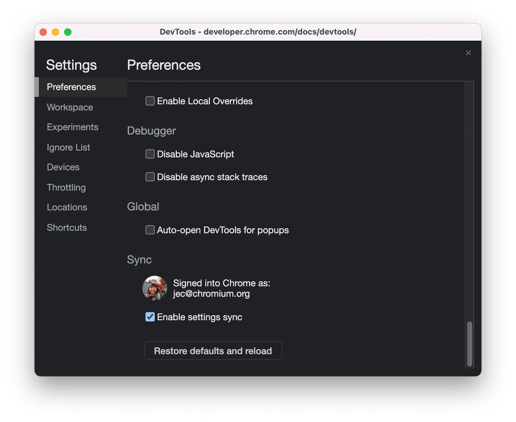 Synchronisierungseinstellungen für die Entwicklertools