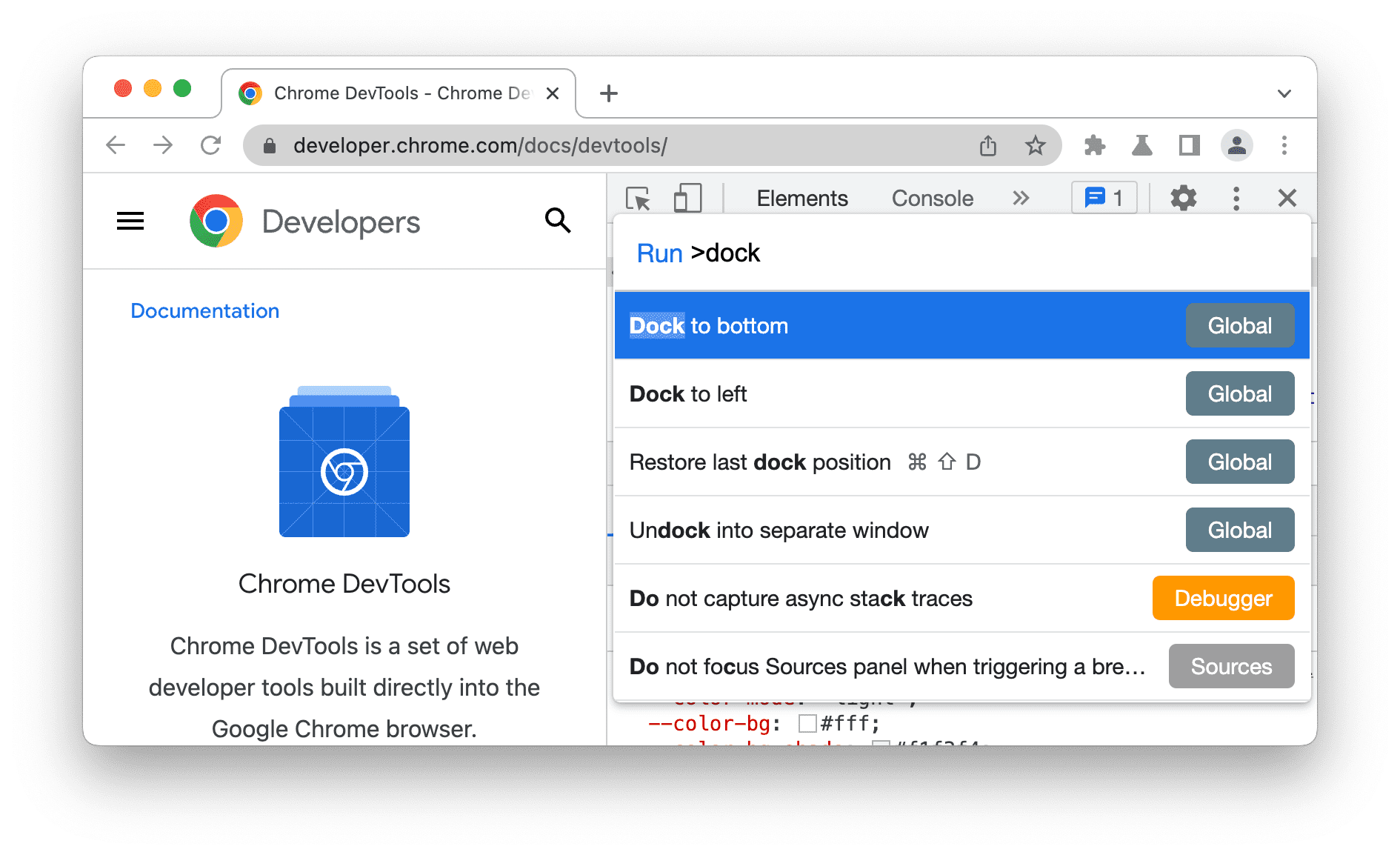 Opzione di docking suggerita nel menu dei comandi.