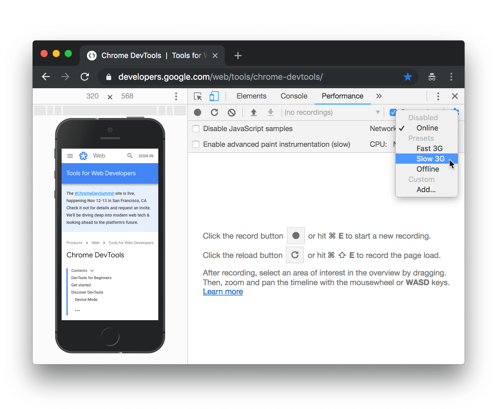 Configura la limitación de la red desde el panel de rendimiento.