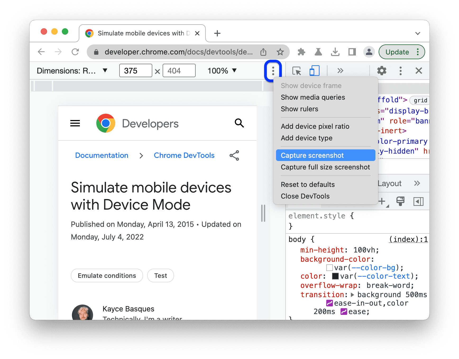 Option &quot;Capturer une capture d&#39;écran&quot; dans le menu &quot;Plus d&#39;options&quot;.