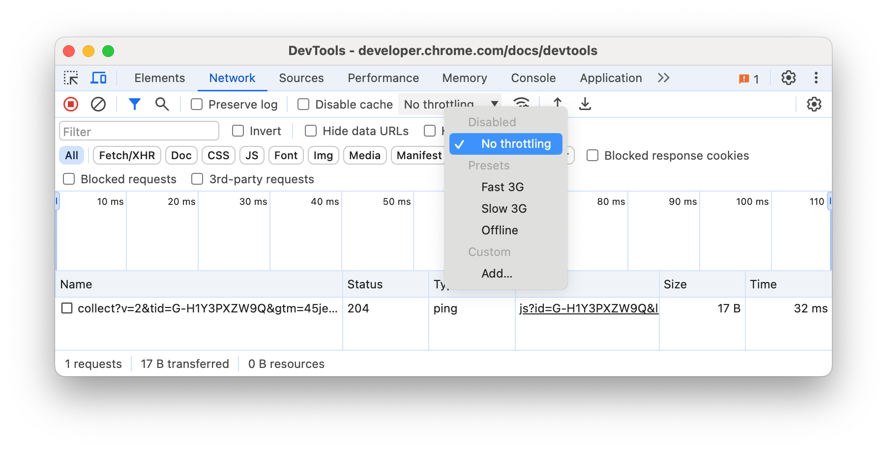 کشویی throttling شبکه در پانل Network.