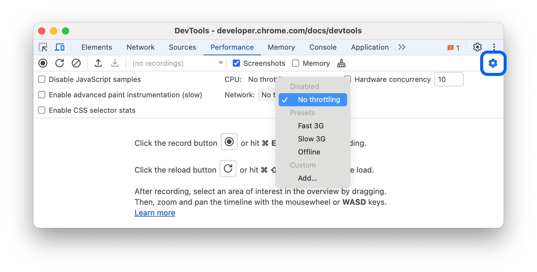 Dropdown throttling jaringan di panel Performa.