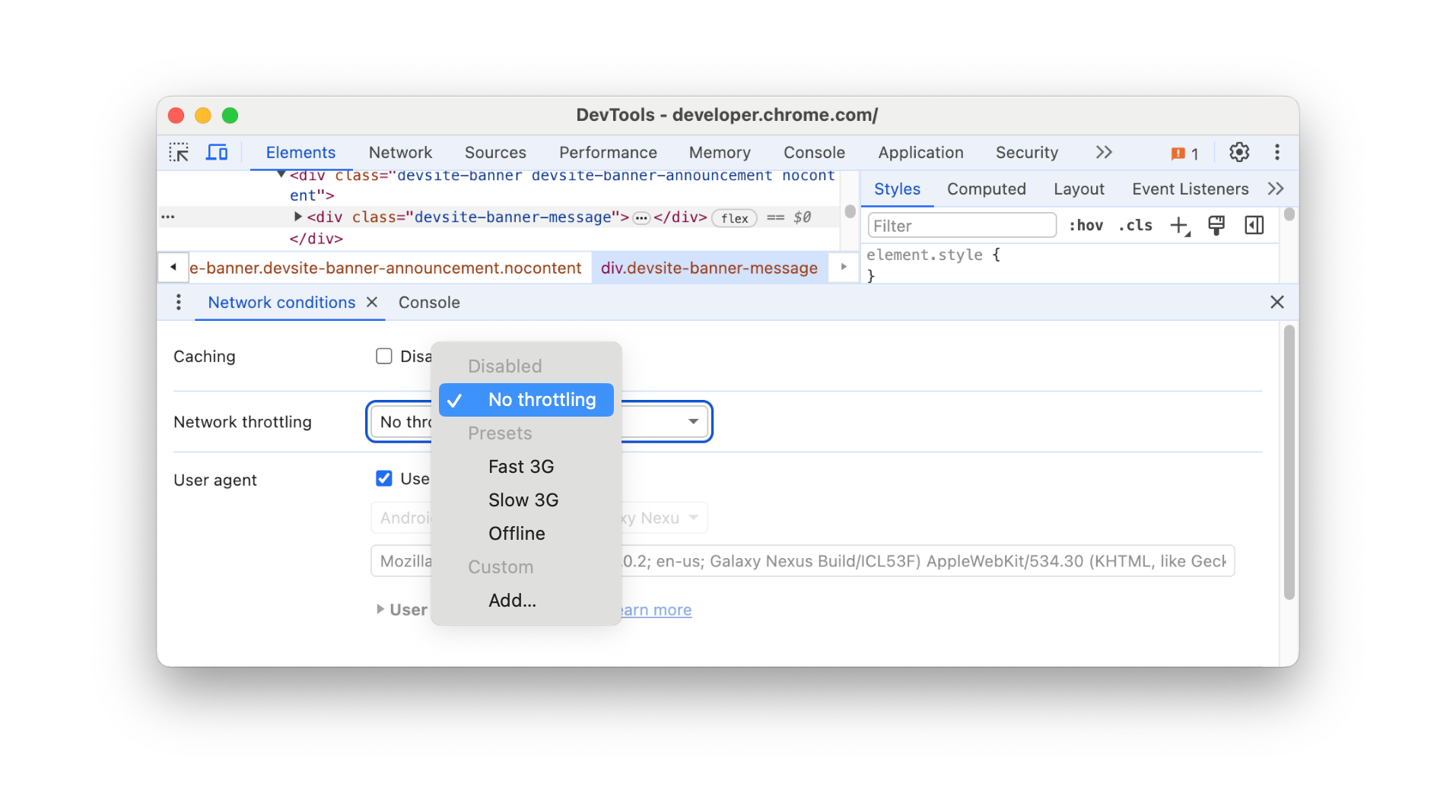 Drop-down-Menü für die Netzwerkdrosselung im Bereich „Netzwerkbedingungen“.