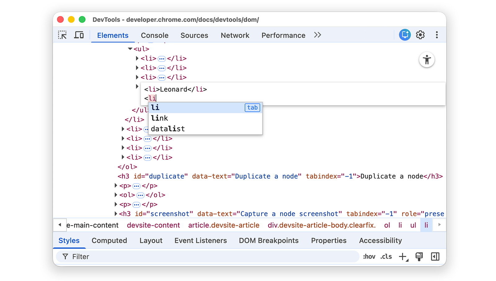 Autocompletion of HTML tags.