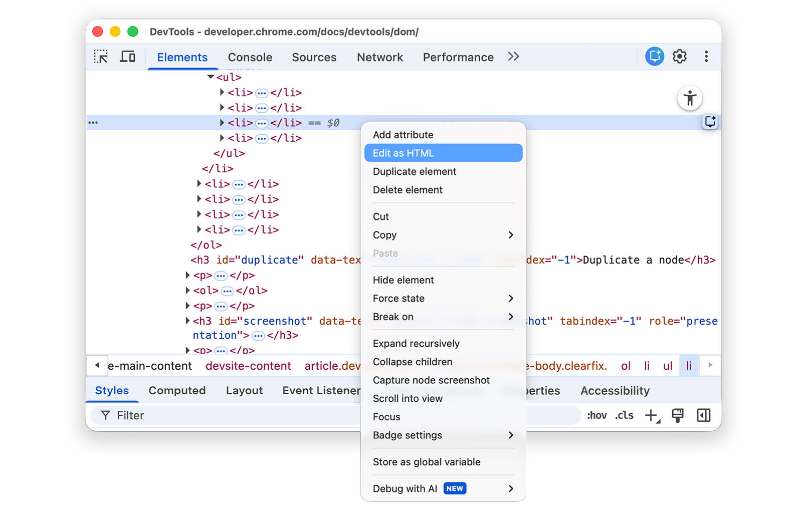 The drop-down menu of a node.