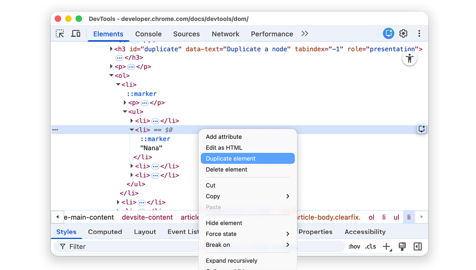 The Duplicate element option highlighted in the drop-down.