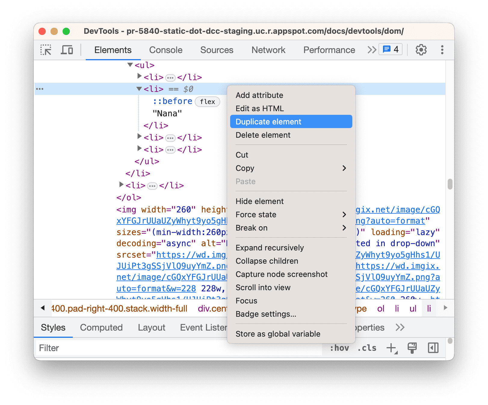 Opsi Duplicate element ditandai di drop-down.