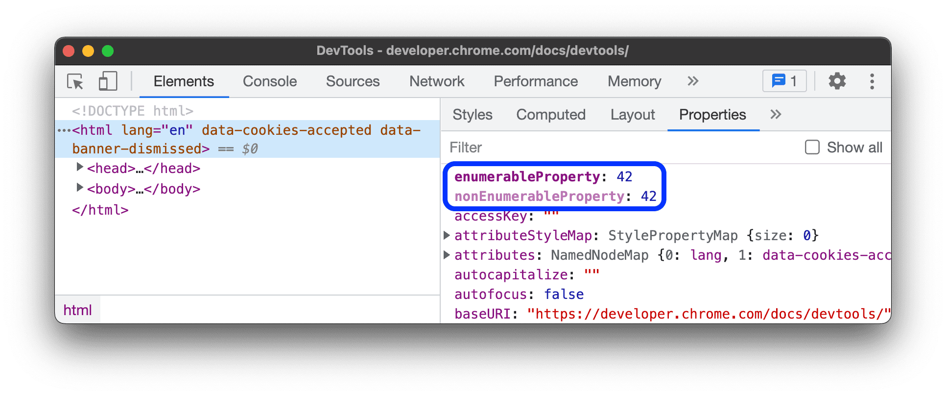 Enumerable and non-enumerable properties.