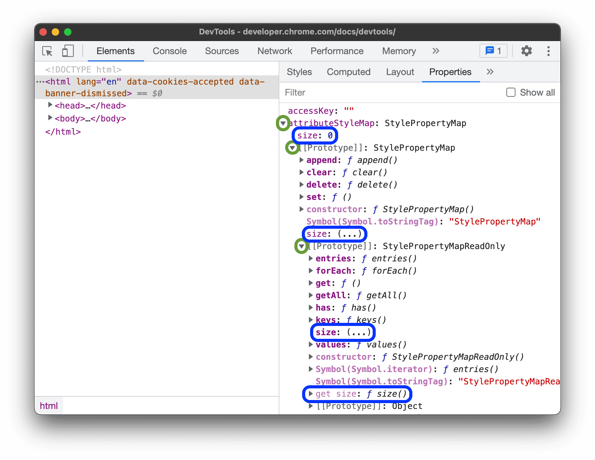 Die Größe des Attributs wird bis zu seinem Getter in der Prototypkette zurückverfolgt.