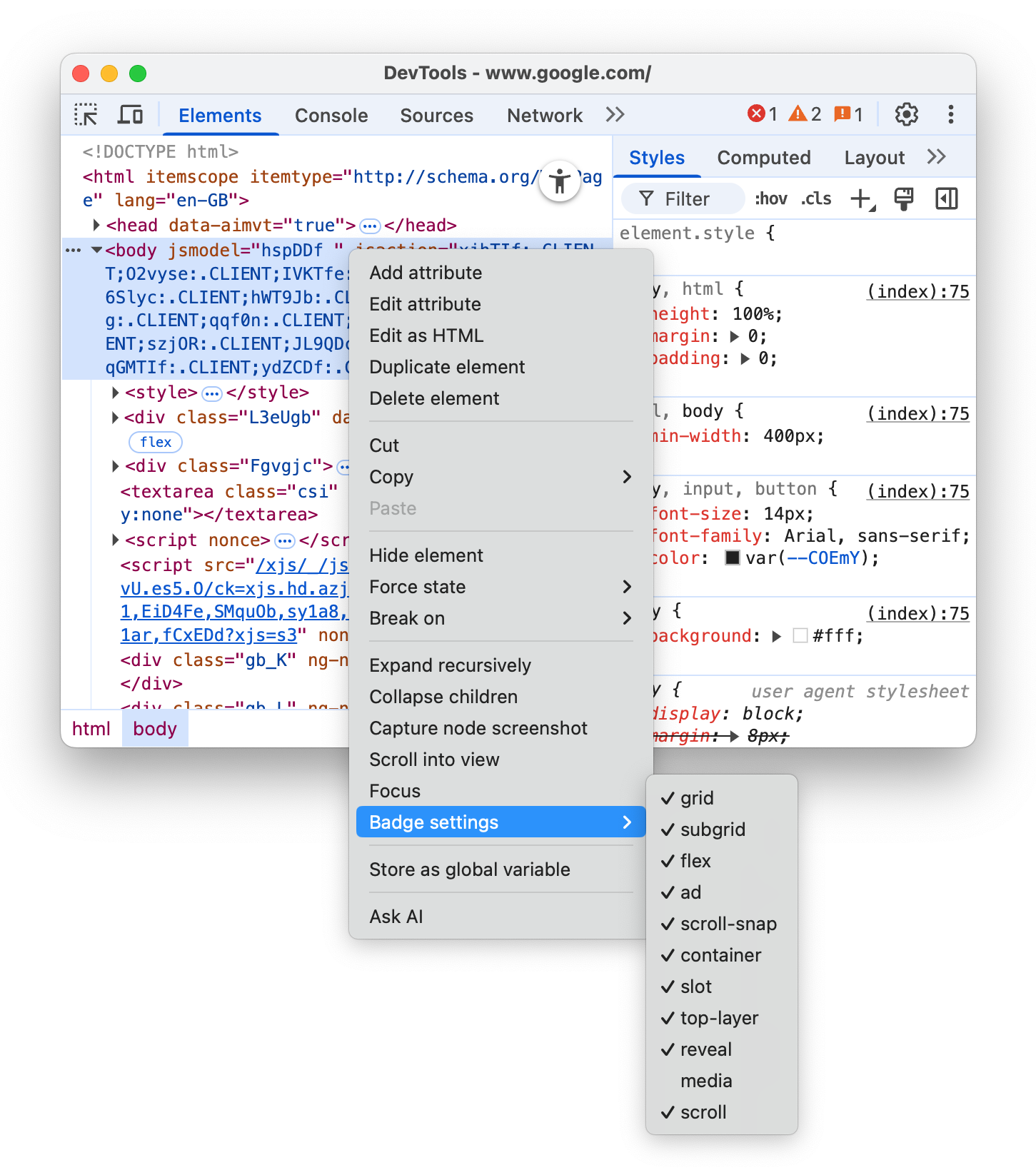 Trình đơn "Cài đặt huy hiệu".