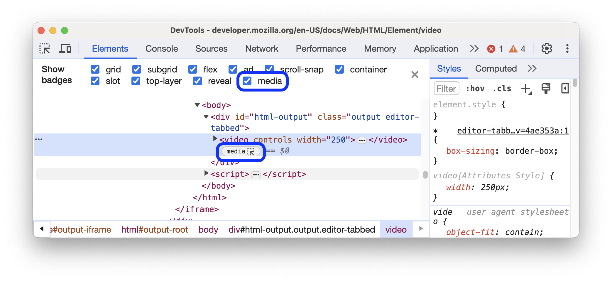 バッジ設定でオンにされたメディアバッジが、動画要素の横に表示されています。