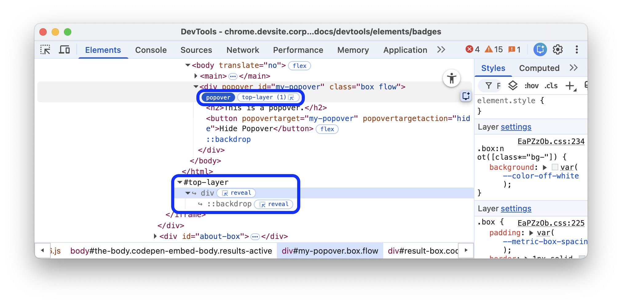 شارة النافذة المنبثقة بجانب العنصر الذي يتضمّن سمة نافذة منبثقة