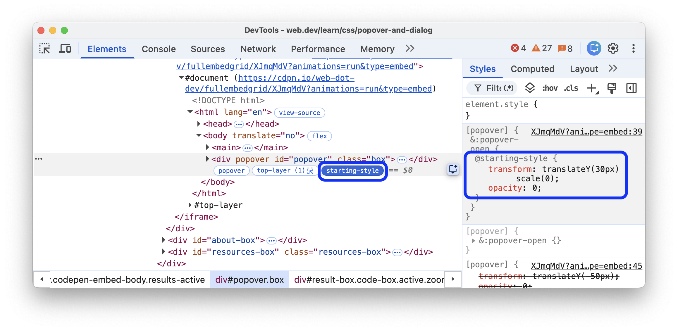 带有 @starting-style 规则的元素旁边的起始样式徽章。
