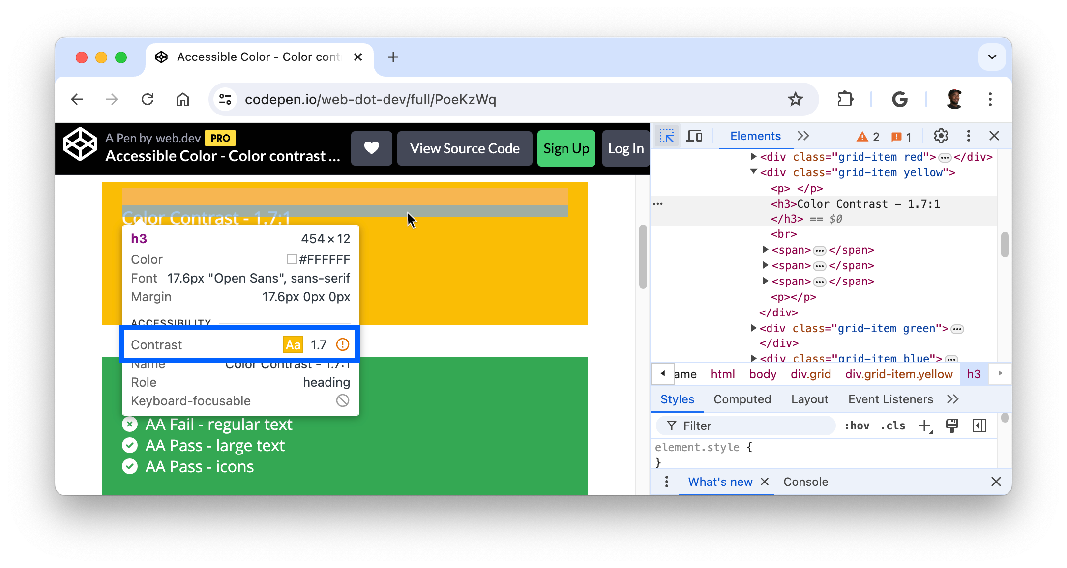 Tooltip menampilkan rasio kontras 1,7 yang diukur untuk header.