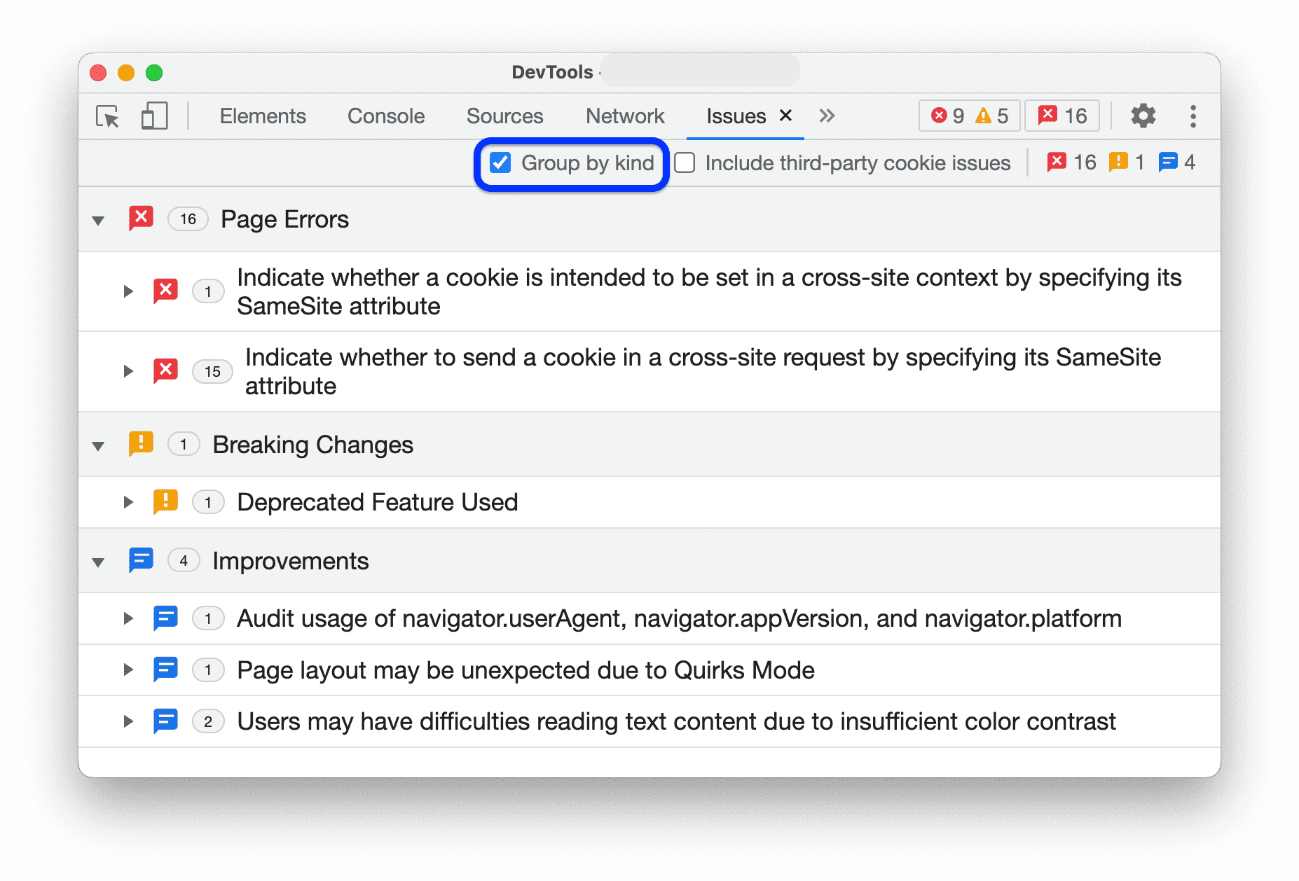 Problèmes regroupés sous trois types : &quot;Erreurs liées aux pages&quot;, &quot;Modifications destructives&quot; et &quot;Améliorations&quot;.