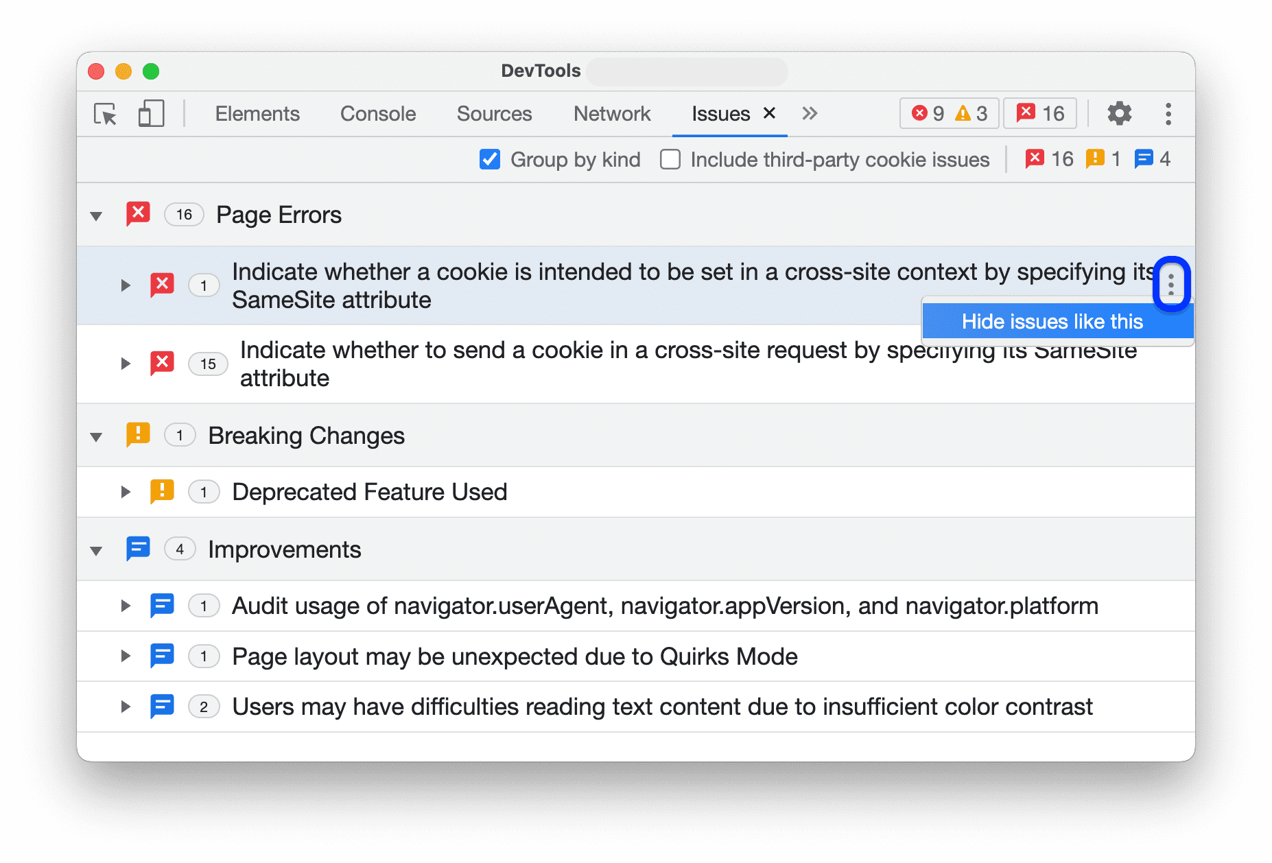 Tuỳ chọn Ẩn các vấn đề tương tự trong trình đơn có biểu tượng ba dấu chấm bên cạnh một vấn đề.
