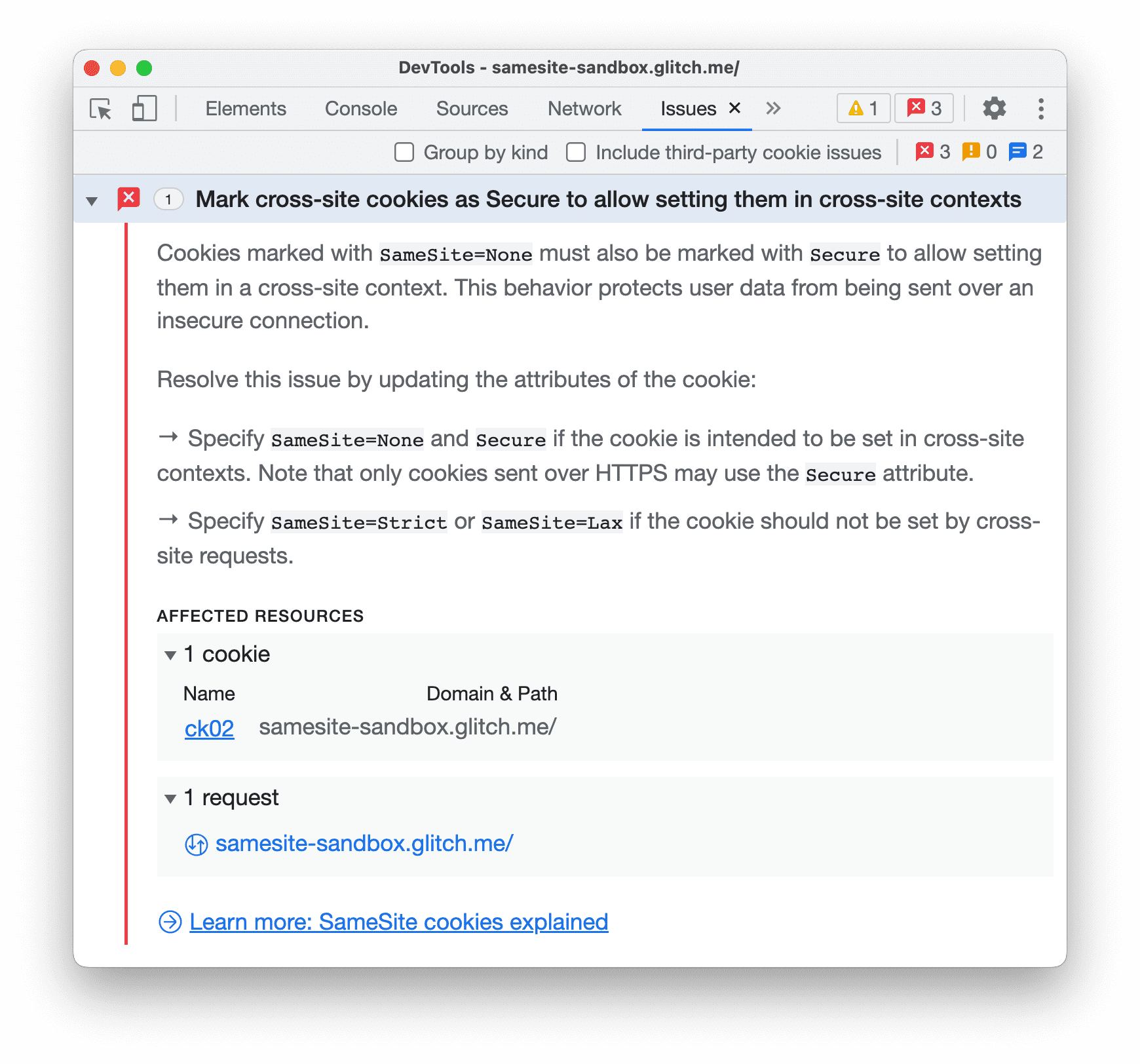 O painel &quot;Problemas&quot; com um problema de cookies entre sites foi expandido.