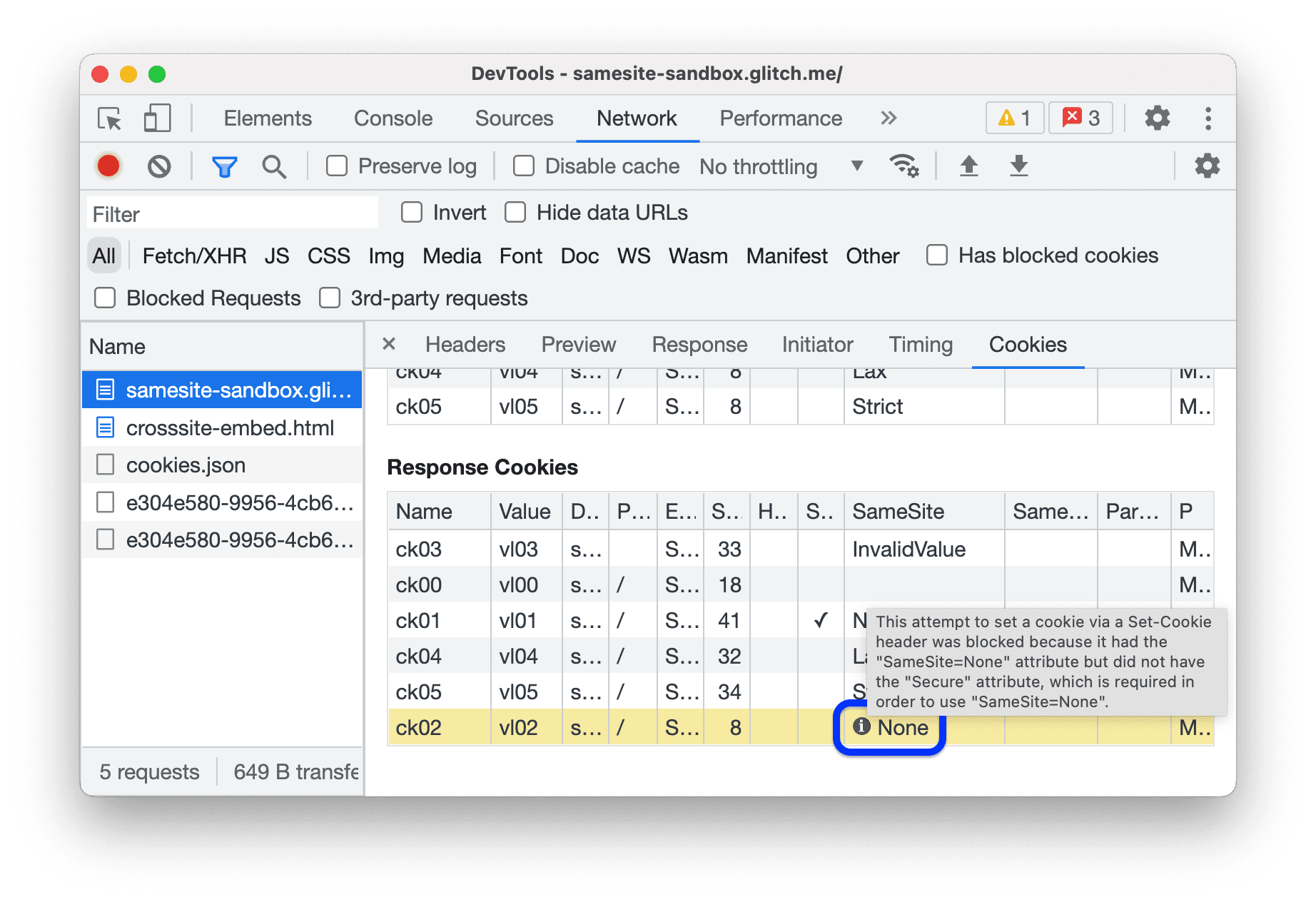 [ネットワーク] パネルで、情報アイコンにカーソルを合わせるとツールチップが表示されます。