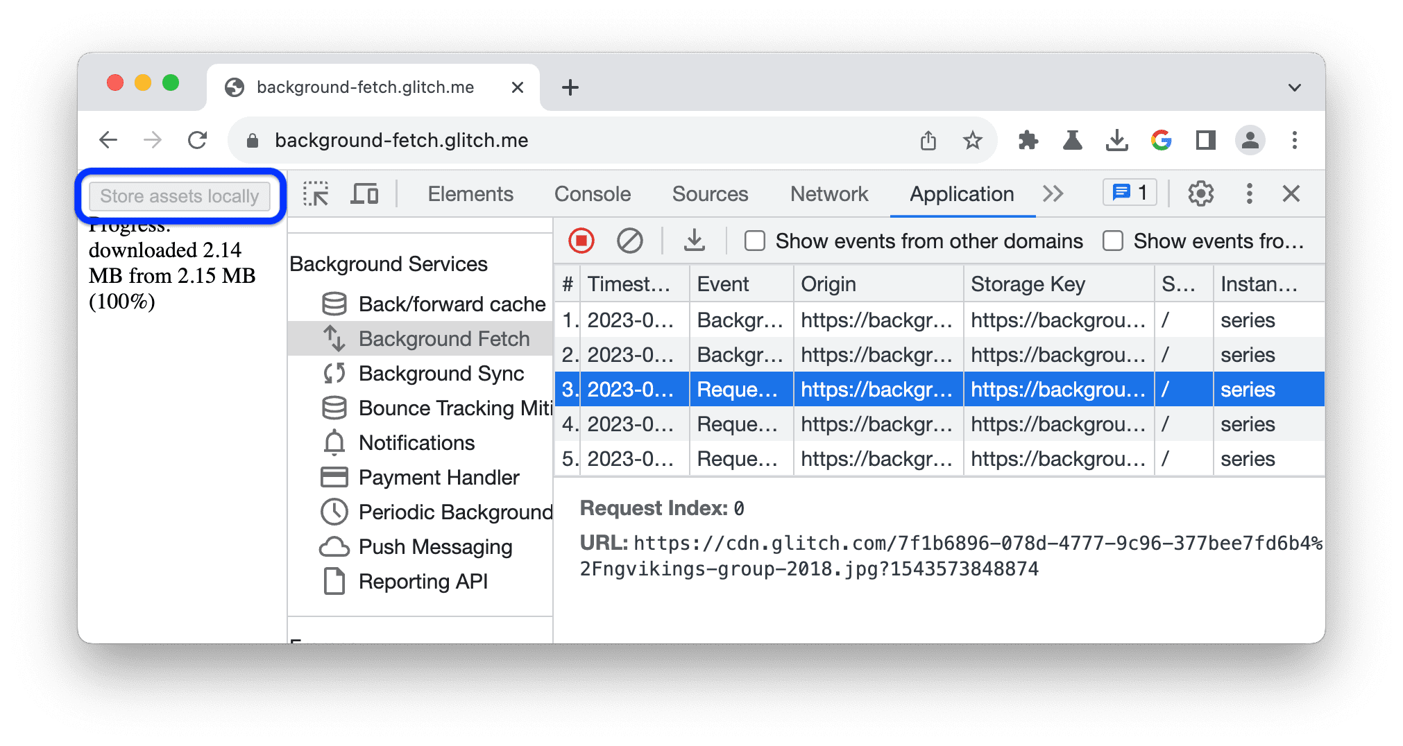 A log of events in the Background fetch tab.