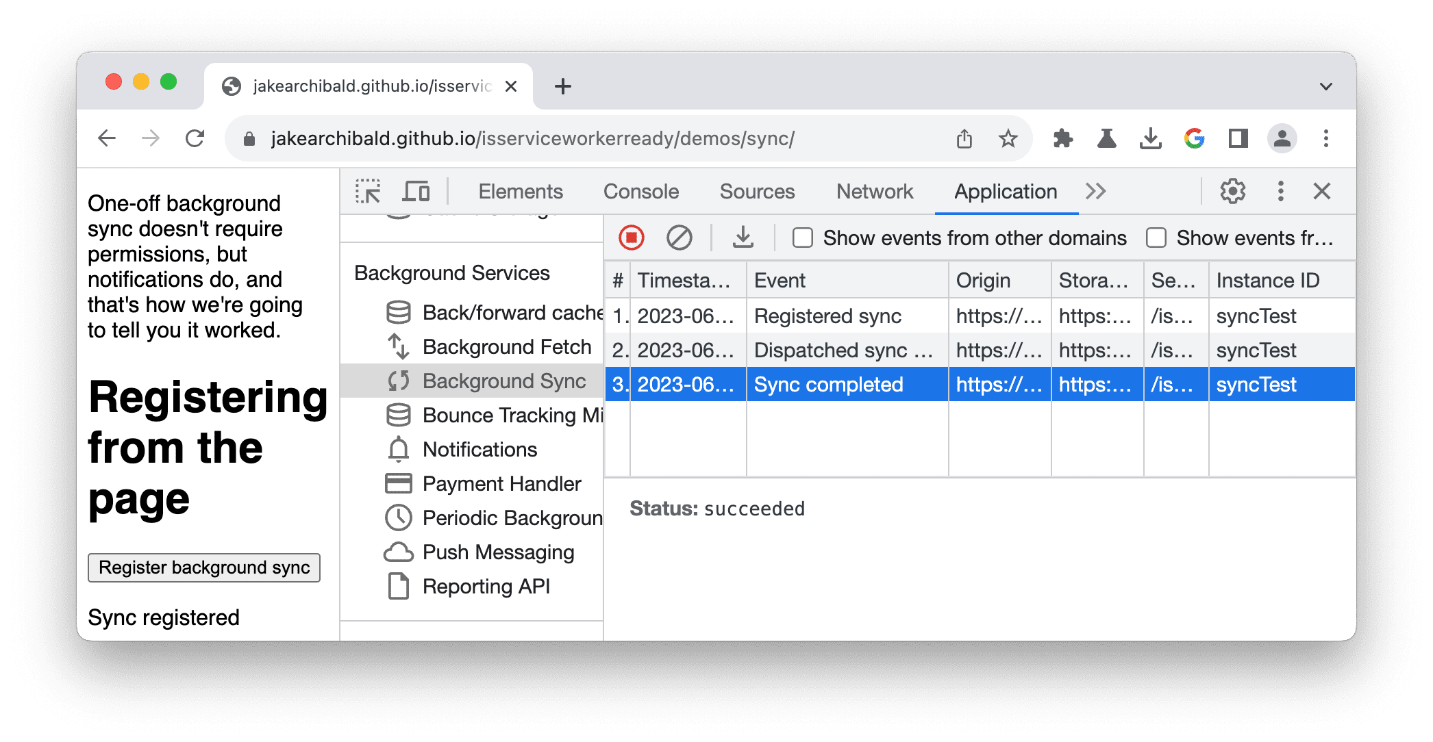 Журнал событий на панели фоновой синхронизации.
