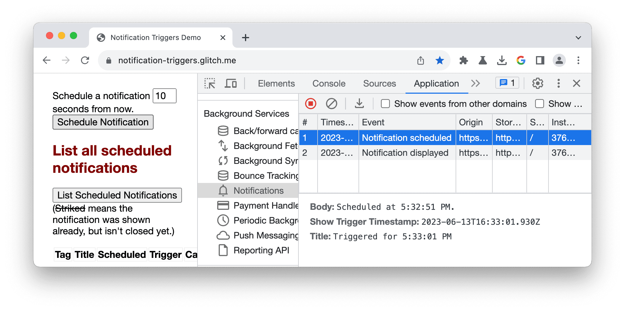 A log of events in the Notifications tab.