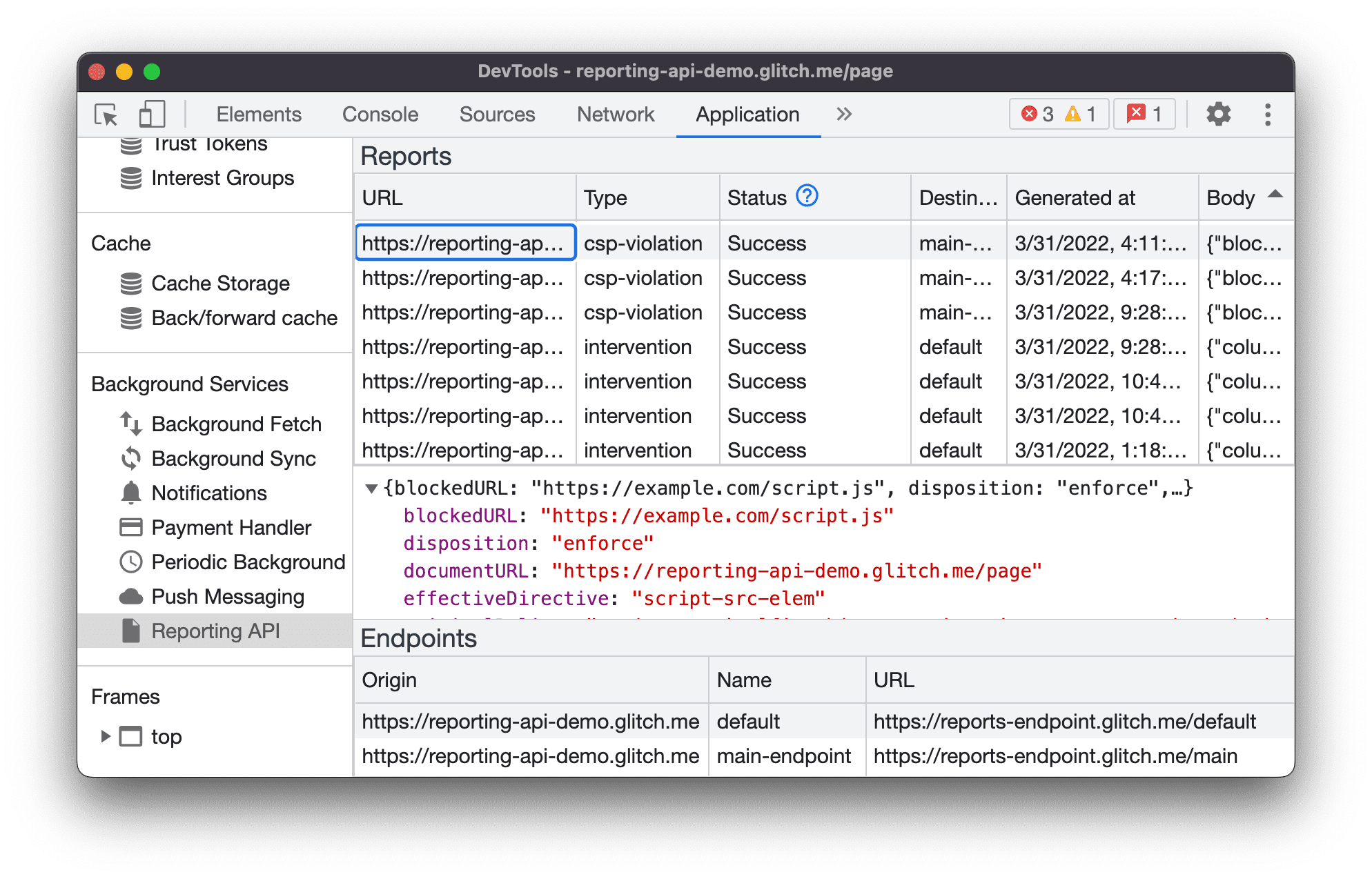 Rapports répertoriés dans l&#39;API Reporting