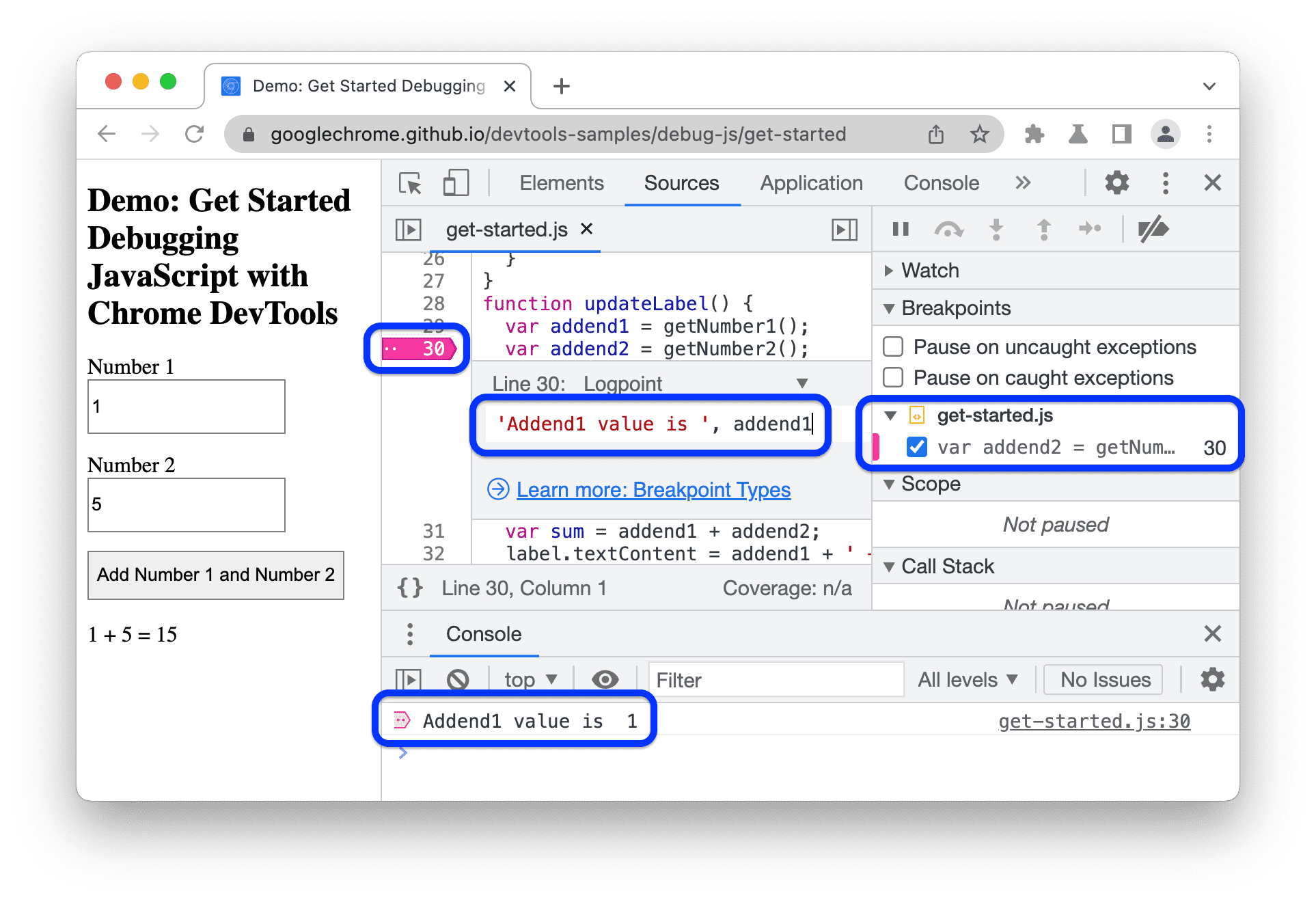 ऐसा लॉगपॉइंट जो Console में स्ट्रिंग और वैरिएबल वैल्यू को लॉग करता है.