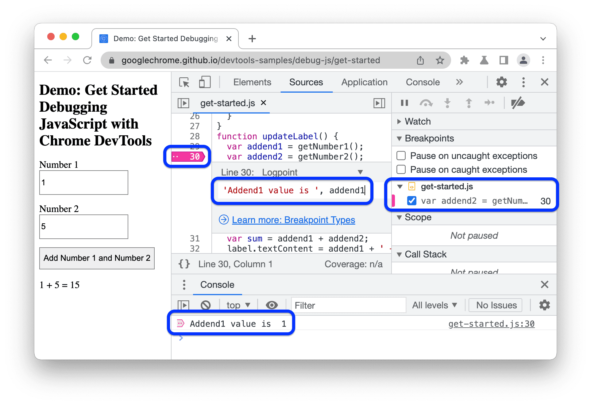 Ein Logpoint, der einen String und einen Variablenwert in der Console protokolliert.